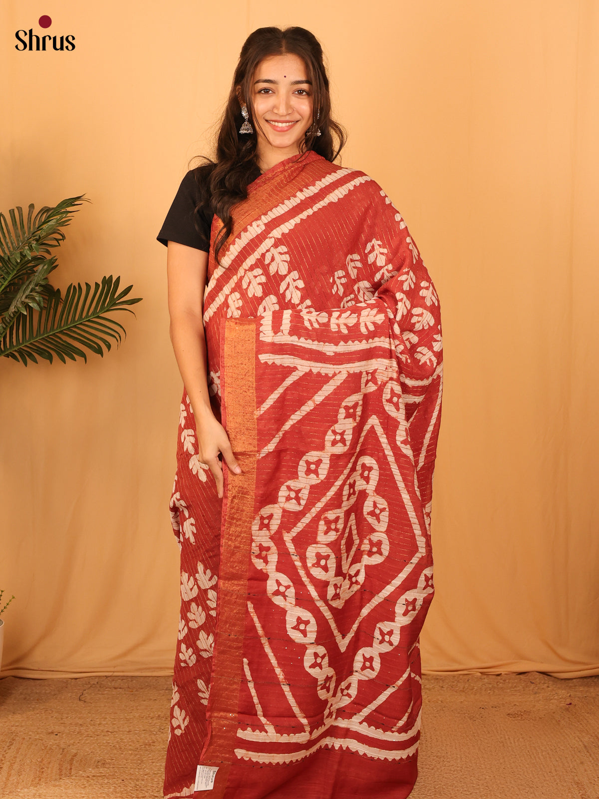 Red - Semi Chanderi Saree - Shop on Shrus.com