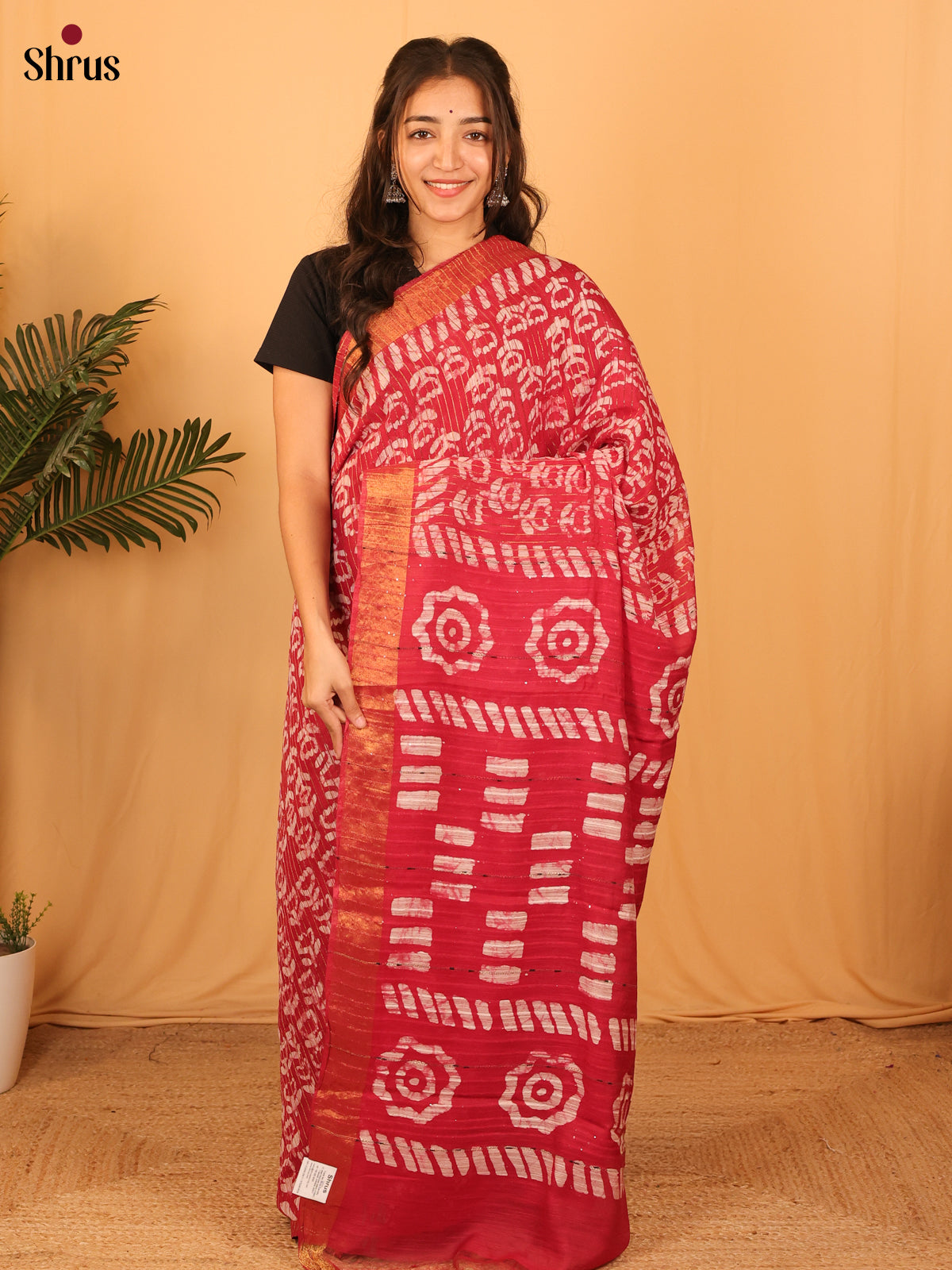Red - Semi Chanderi Saree - Shop on Shrus.com