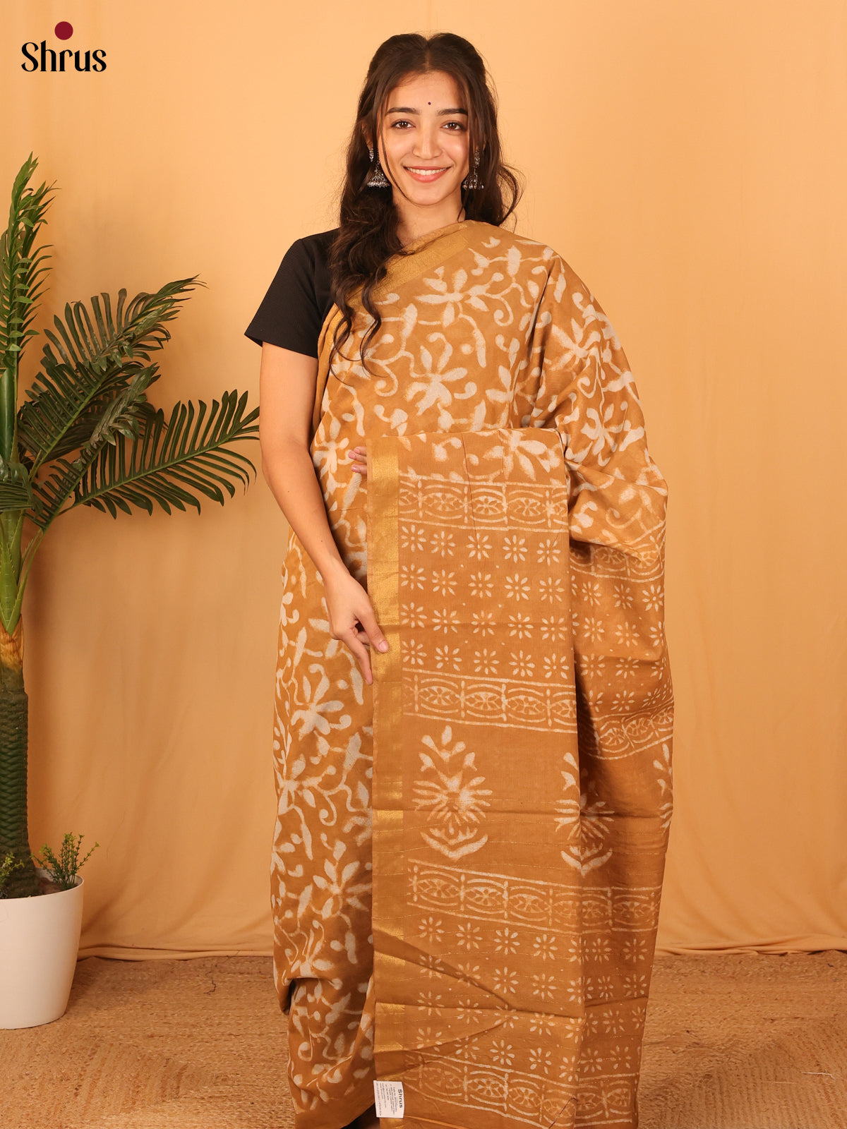 Mustard - Semi Chanderi Saree - Shop on Shrus.com