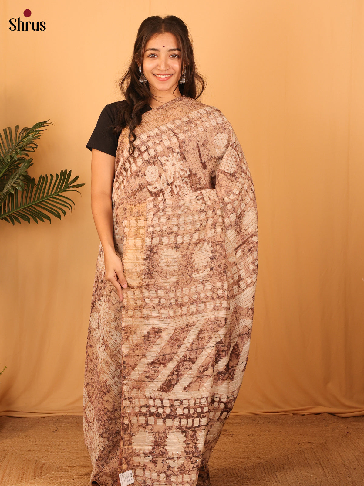 Lite Brown - Semi Chanderi Saree - Shop on Shrus.com