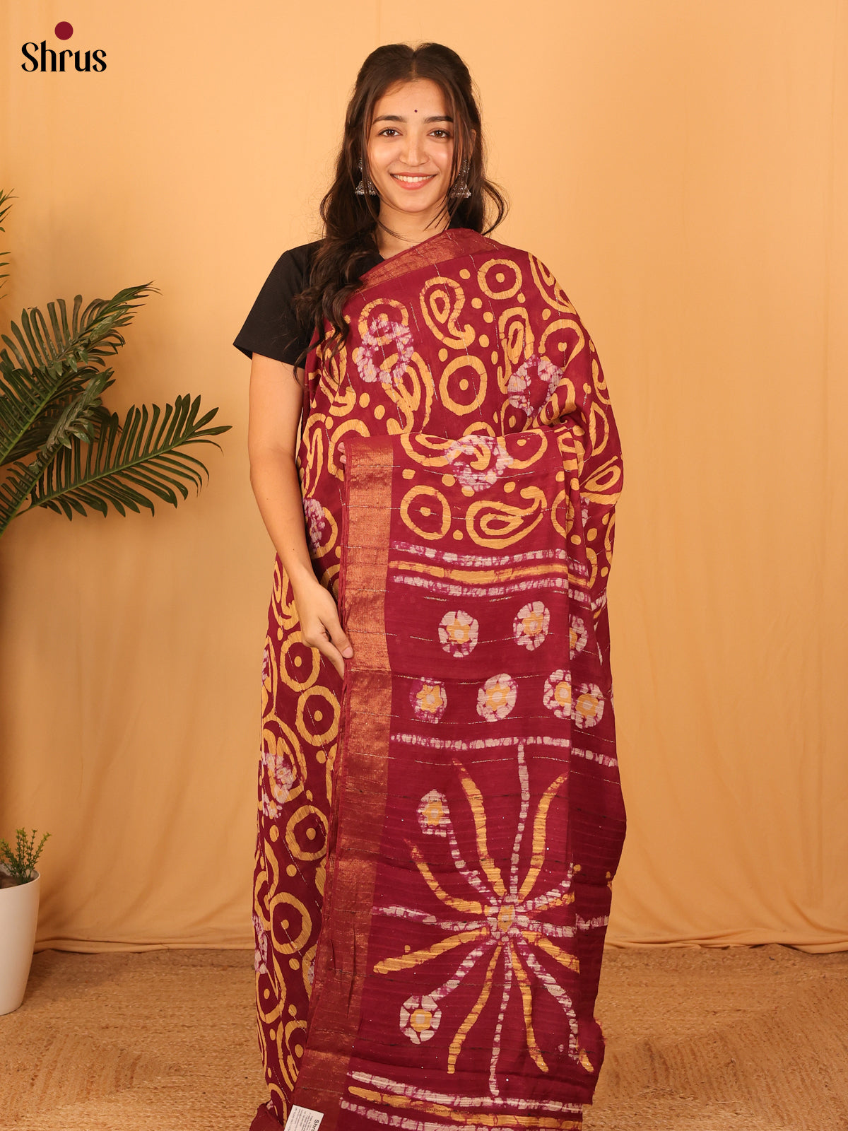 Maroon- Semi Chanderi Saree - Shop on Shrus.com