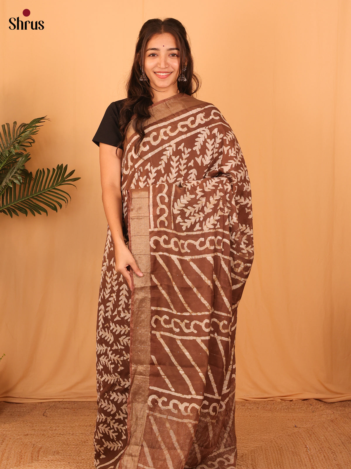 Brown- Semi Chanderi Saree - Shop on Shrus.com