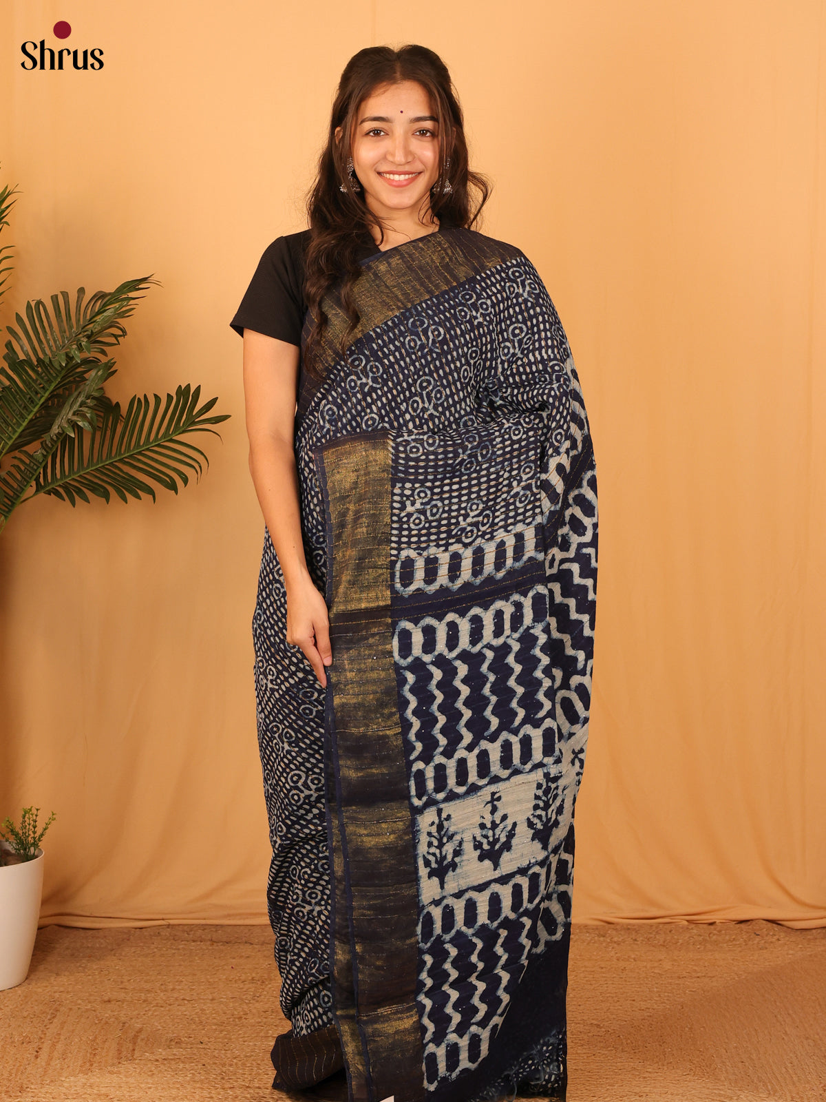 Blue - Semi Chanderi Saree - Shop on Shrus.com