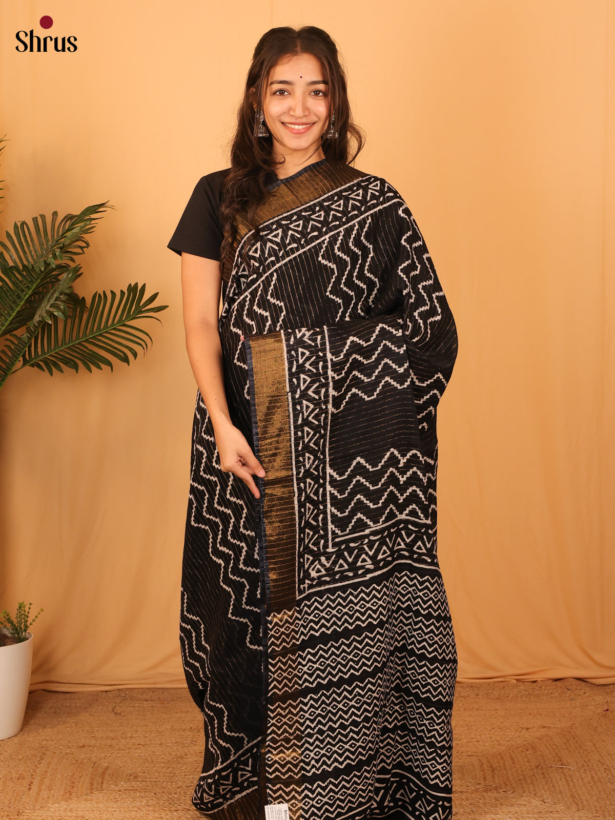 Black - Semi Chanderi Saree - Shop on Shrus.com