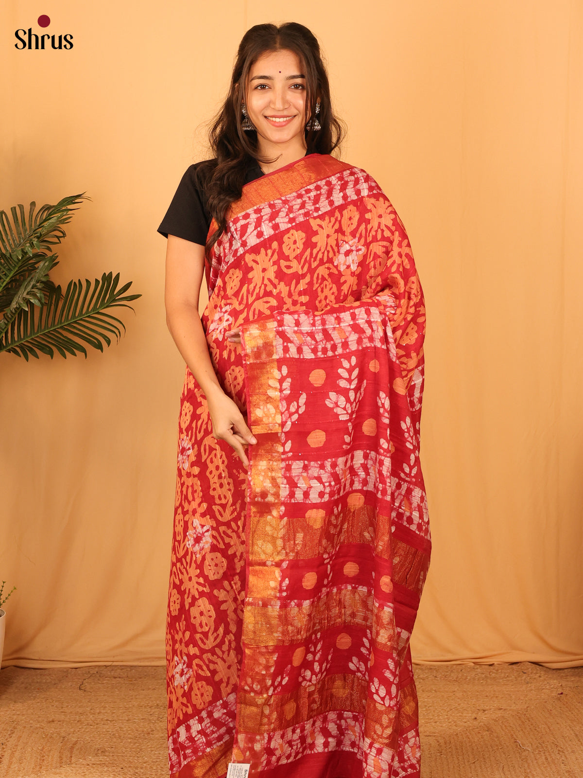 Red & Orange- Semi Chanderi Saree - Shop on Shrus.com