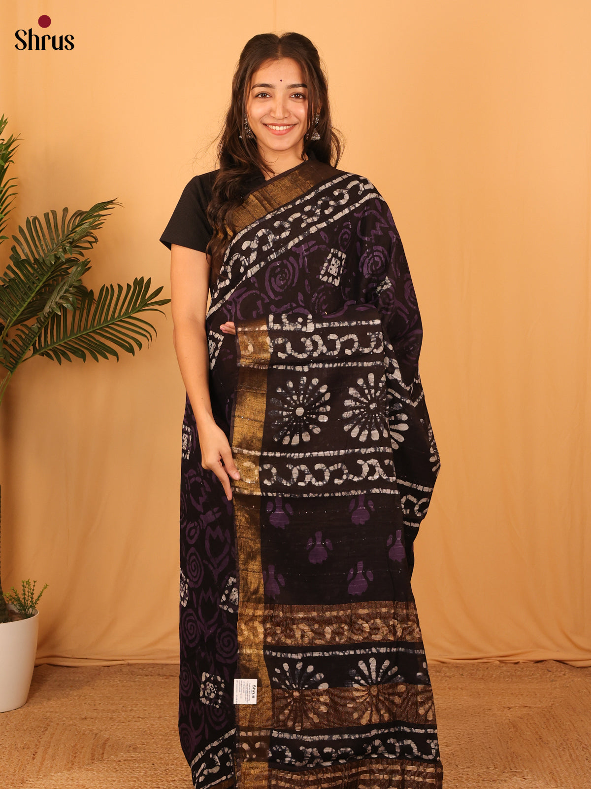 Black - Semi Chanderi Saree - Shop on Shrus.com