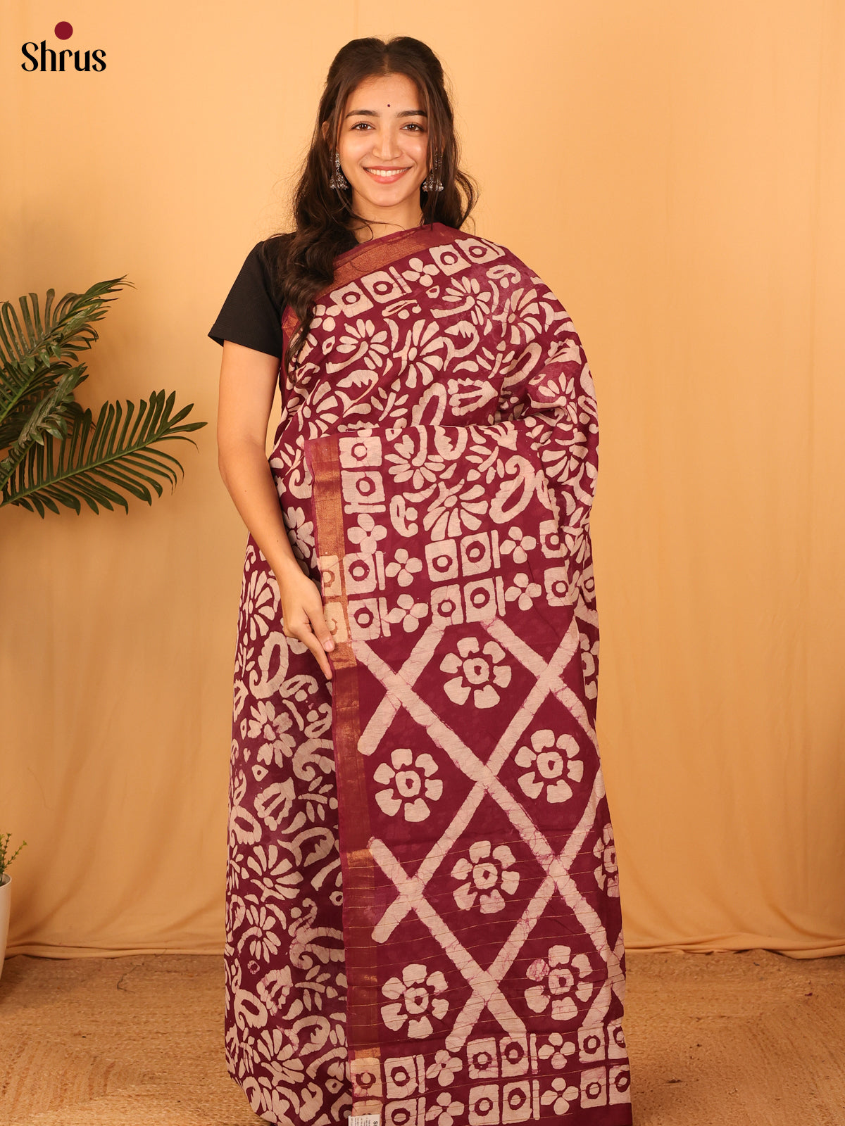 Maroon - Semi Chanderi Saree - Shop on Shrus.com