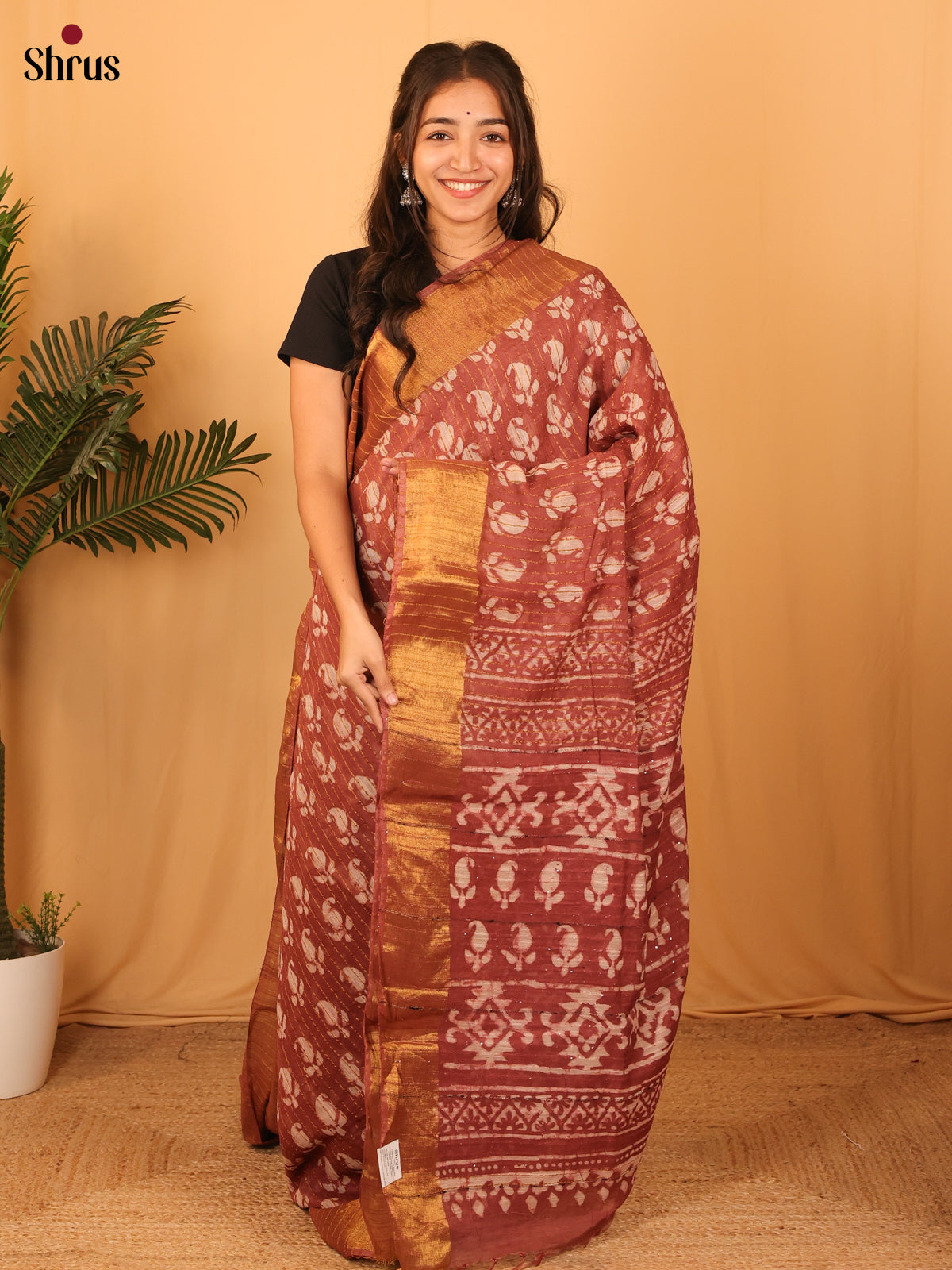 Brown- Semi Chanderi Saree - Shop on Shrus.com