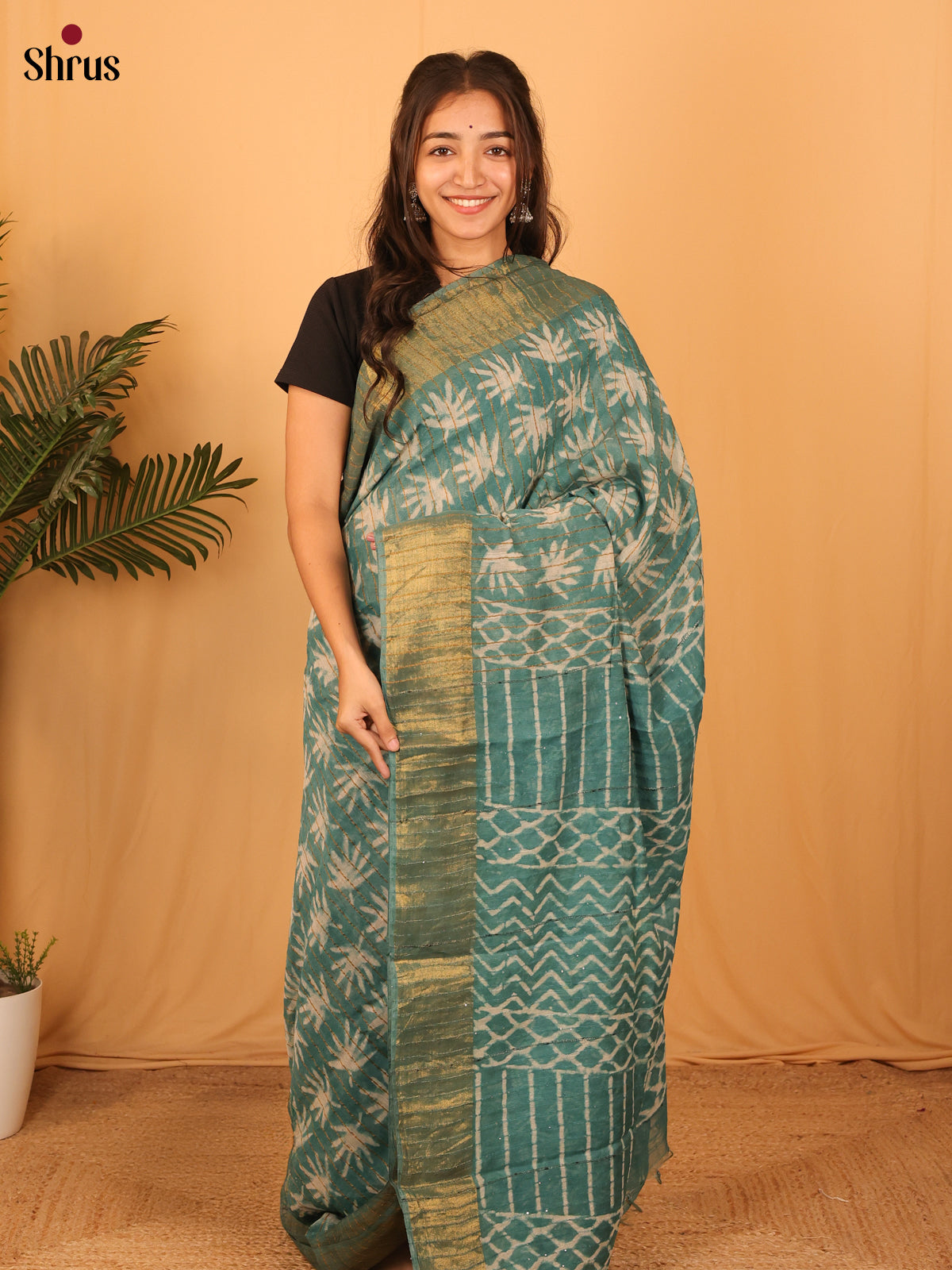Green - Semi Chanderi Saree - Shop on Shrus.com