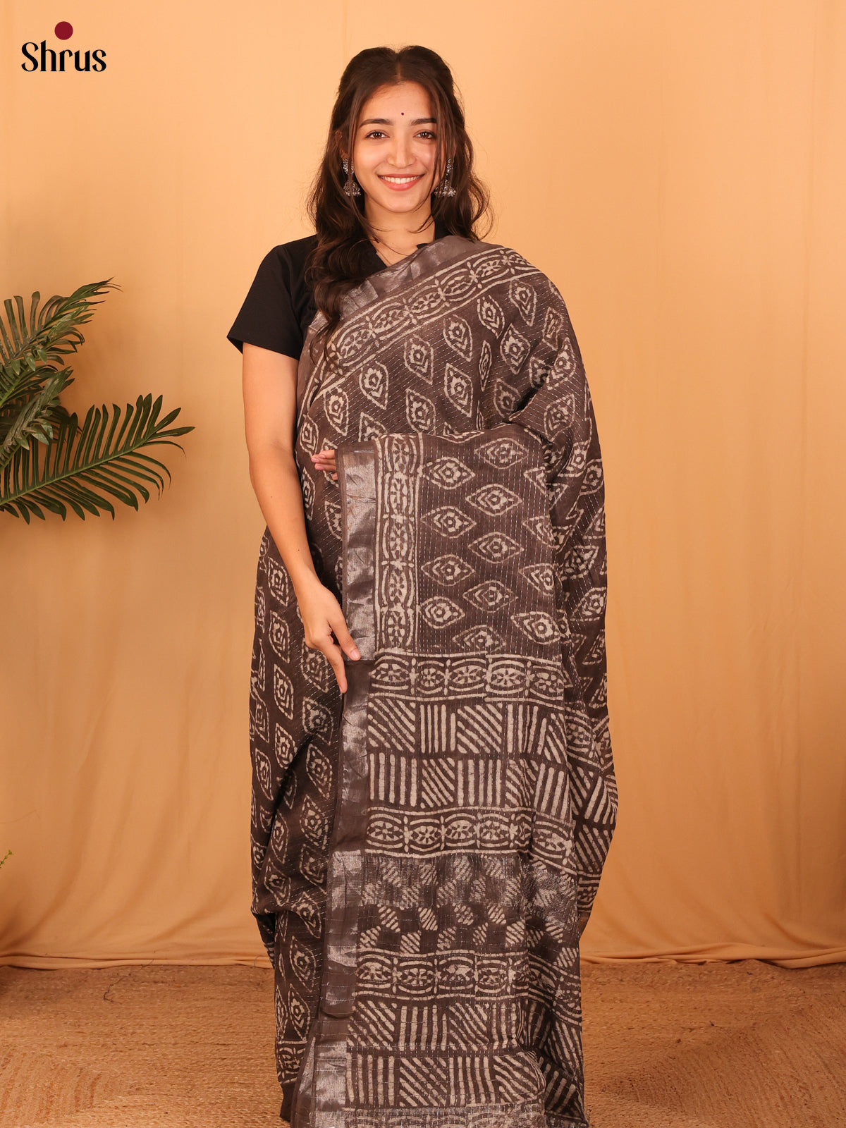 Lite Brown- Semi Chanderi Saree - Shop on Shrus.com