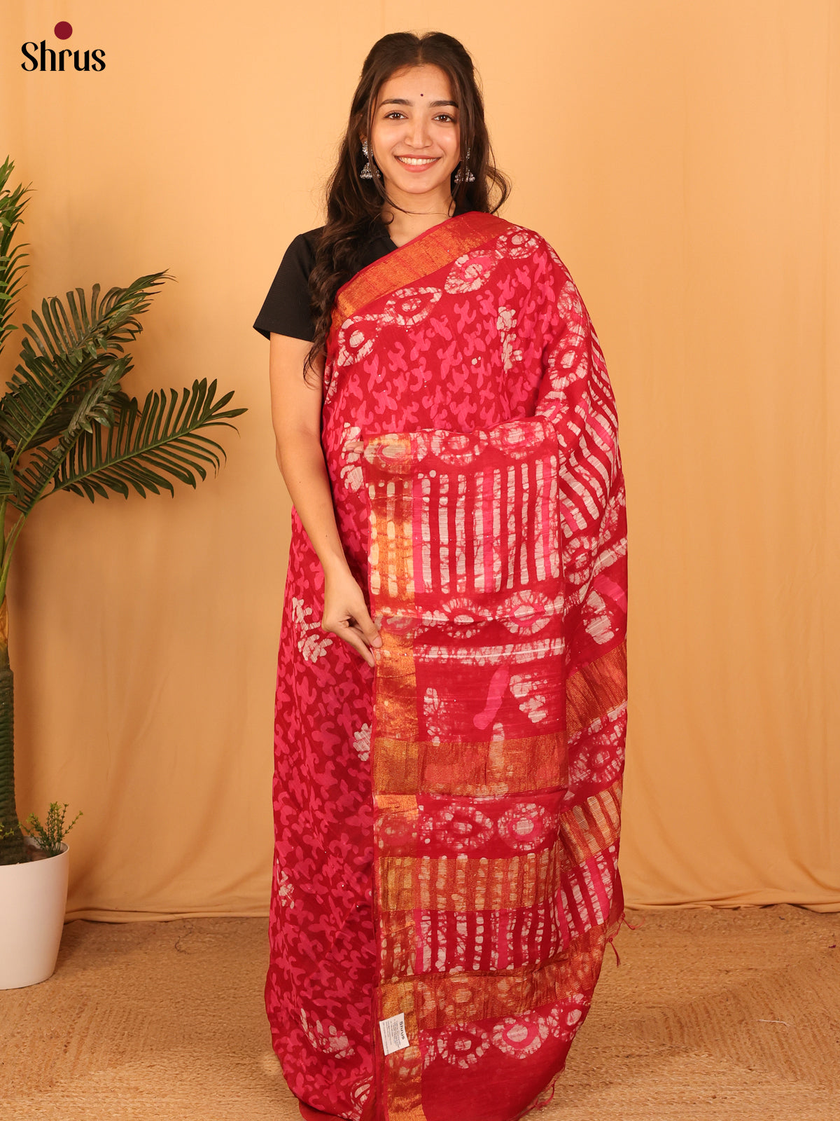 Red - Semi Chanderi Saree - Shop on Shrus.com