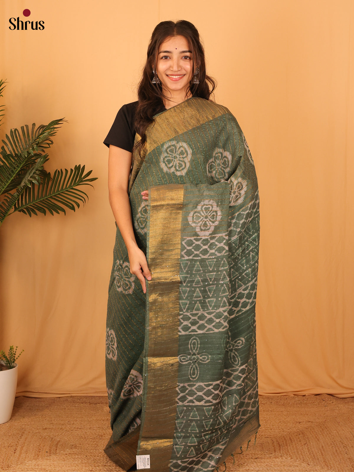 Green - Semi Chanderi Saree - Shop on Shrus.com