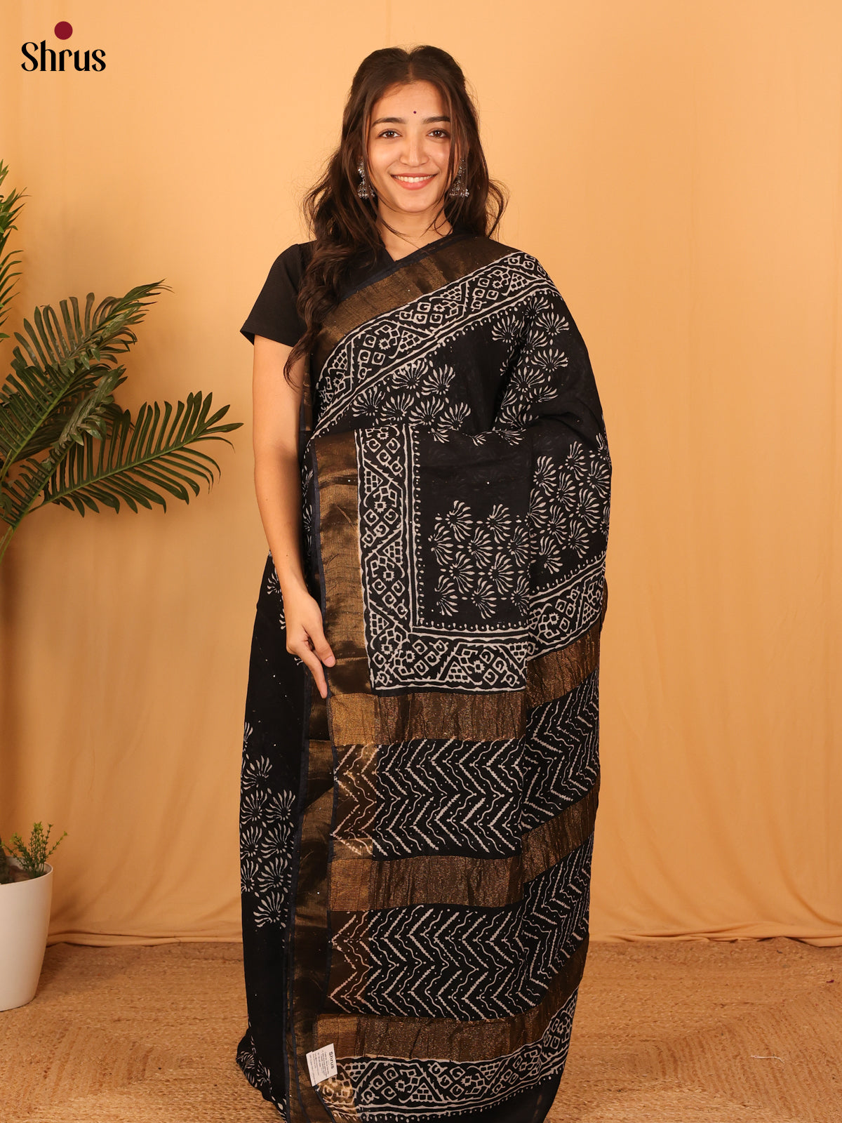 Black - Semi Chanderi Saree - Shop on Shrus.com