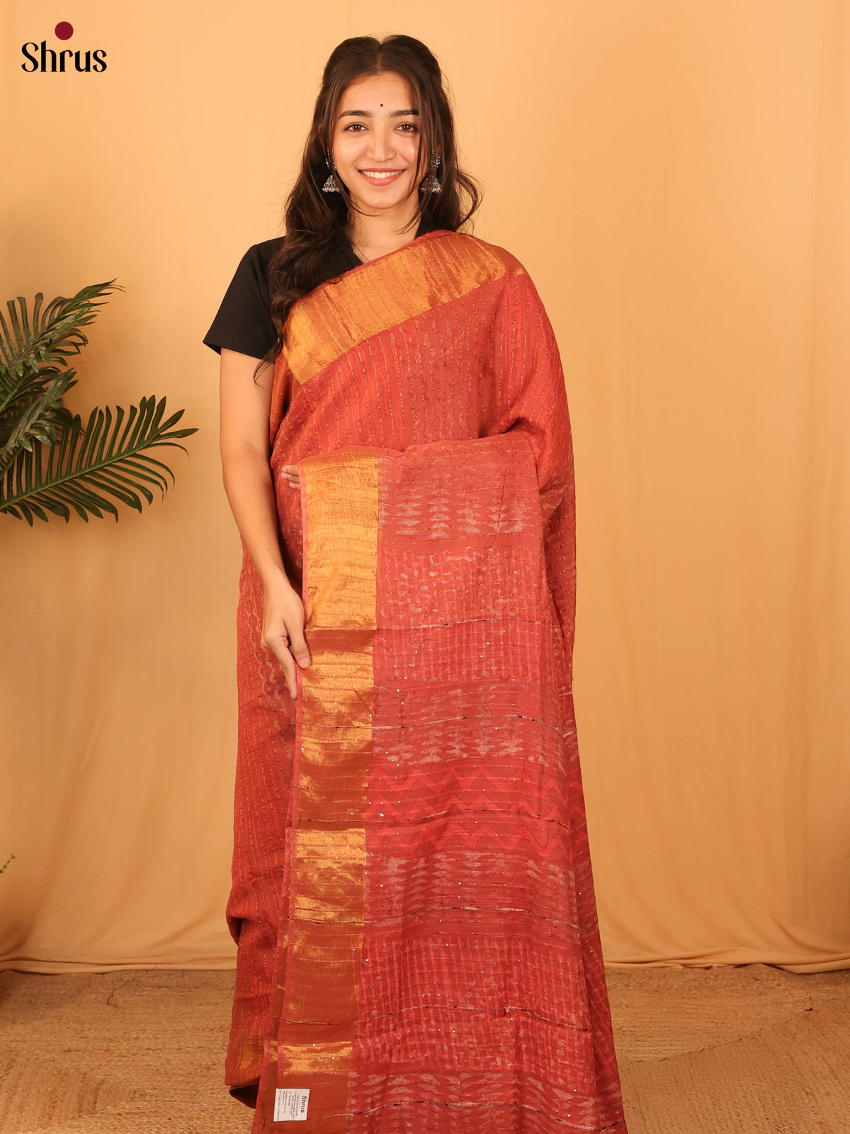 Red- Semi Chanderi Saree - Shop on Shrus.com