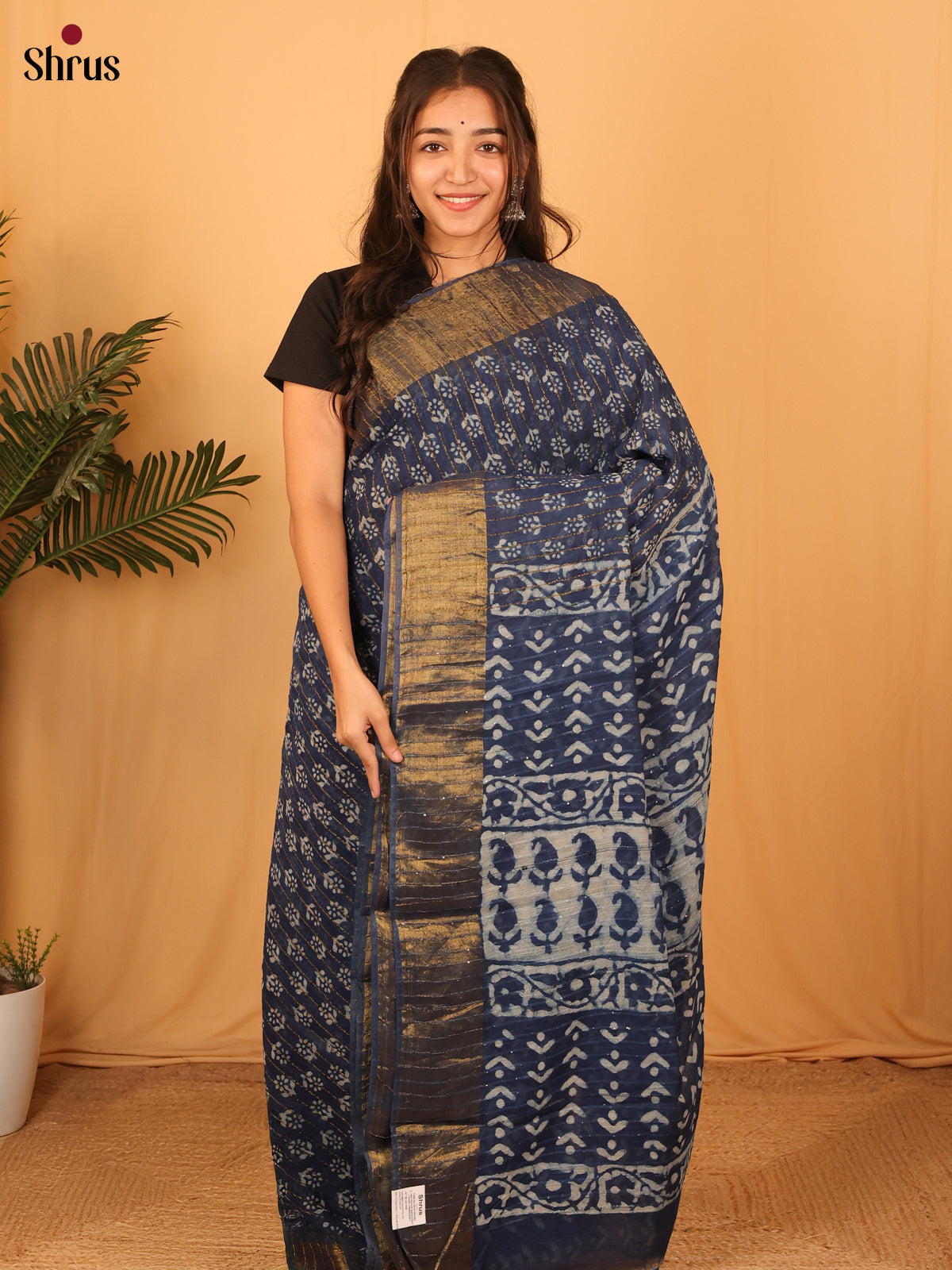 Blue - Semi Chanderi Saree - Shop on Shrus.com