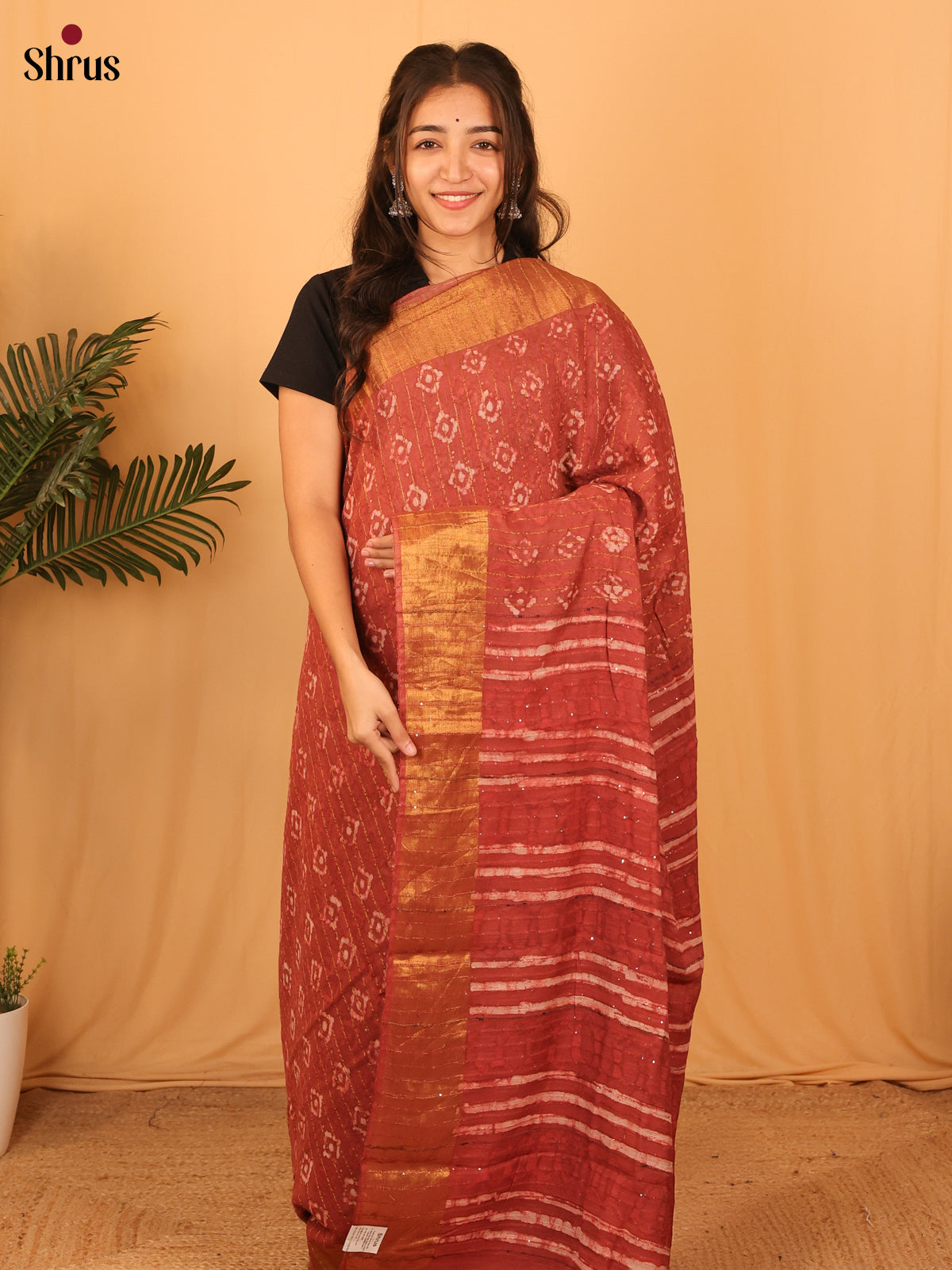 Red - Semi Chanderi Saree - Shop on Shrus.com
