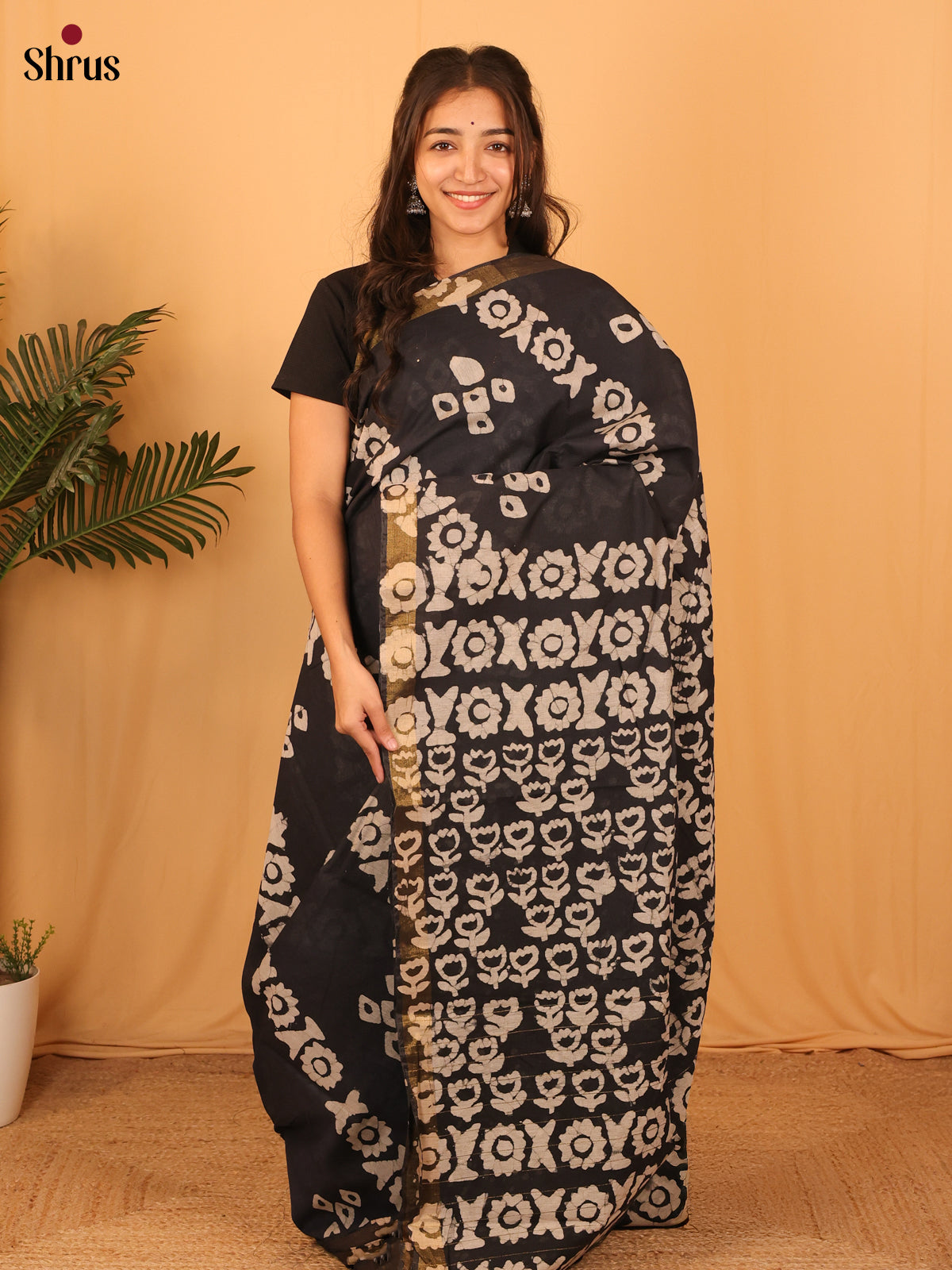 Black - Semi Chanderi Saree - Shop on Shrus.com