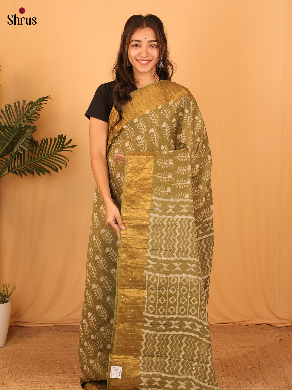 Green - Semi Chanderi Saree - Shop on Shrus.com
