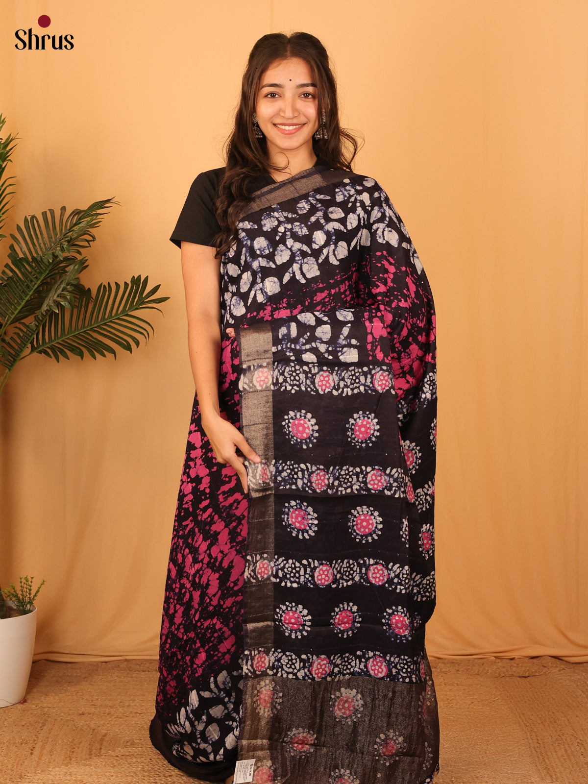 Black & Pink - Semi Chanderi Saree - Shop on Shrus.com