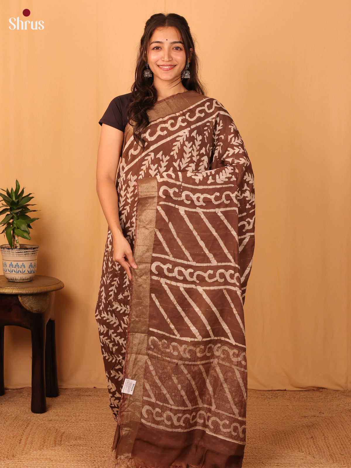 Brown - Semi Chanderi Saree - Shop on Shrus.com