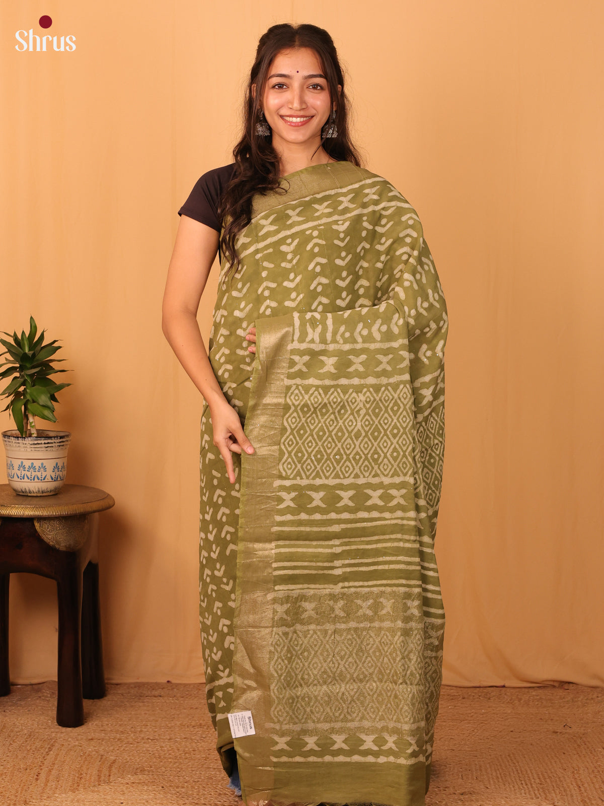 Green - Semi Chanderi Saree - Shop on Shrus.com