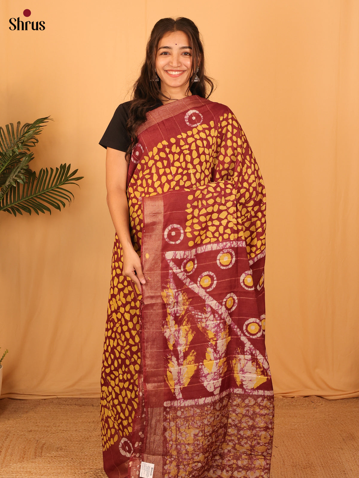 Maroon & Mustard - Semi Chanderi Saree - Shop on Shrus.com