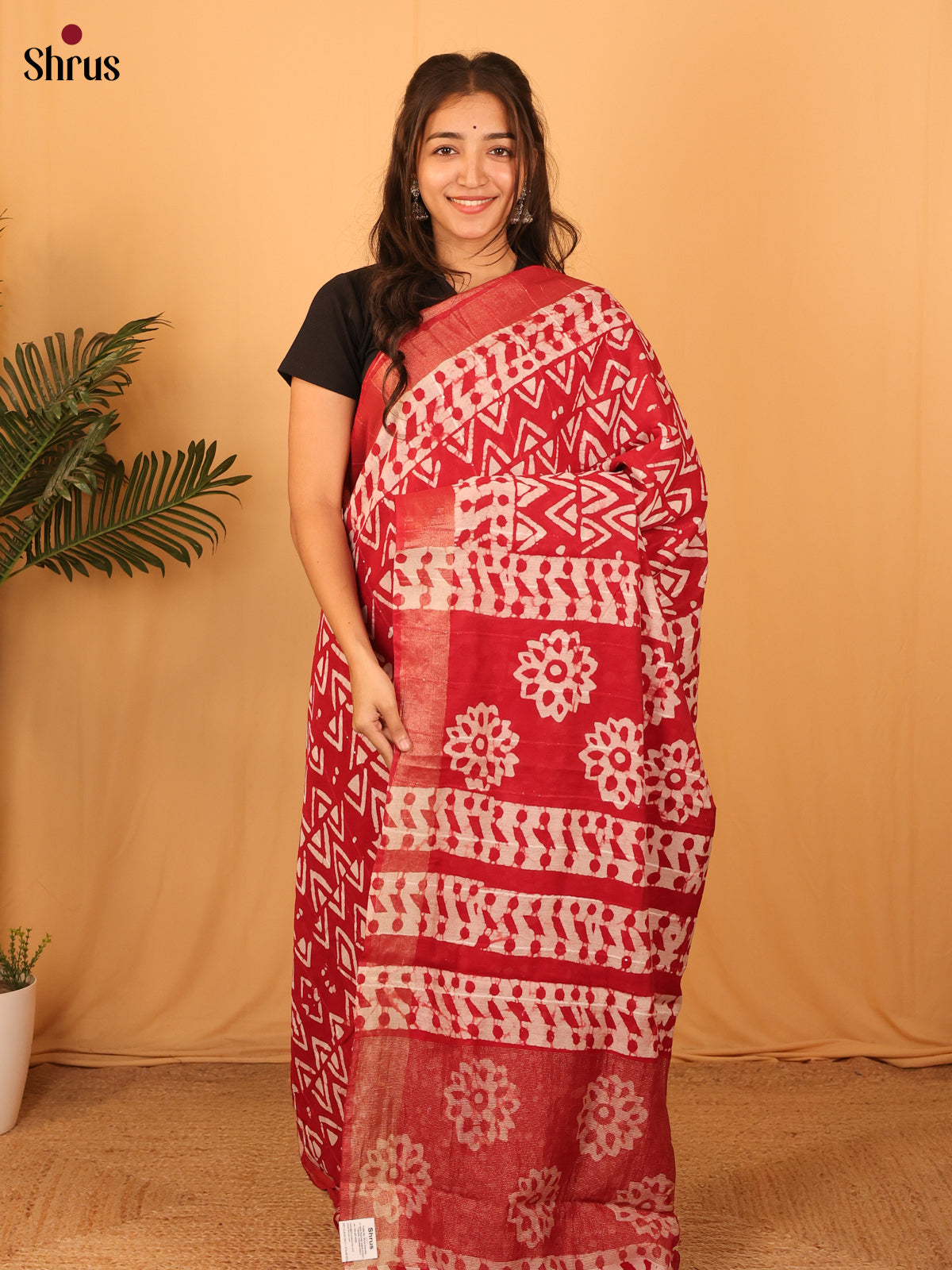 Red - Semi Chanderi Saree - Shop on Shrus.com