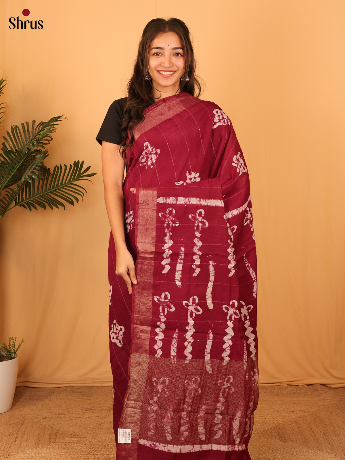 Maroon - Semi Chanderi Saree - Shop on Shrus.com