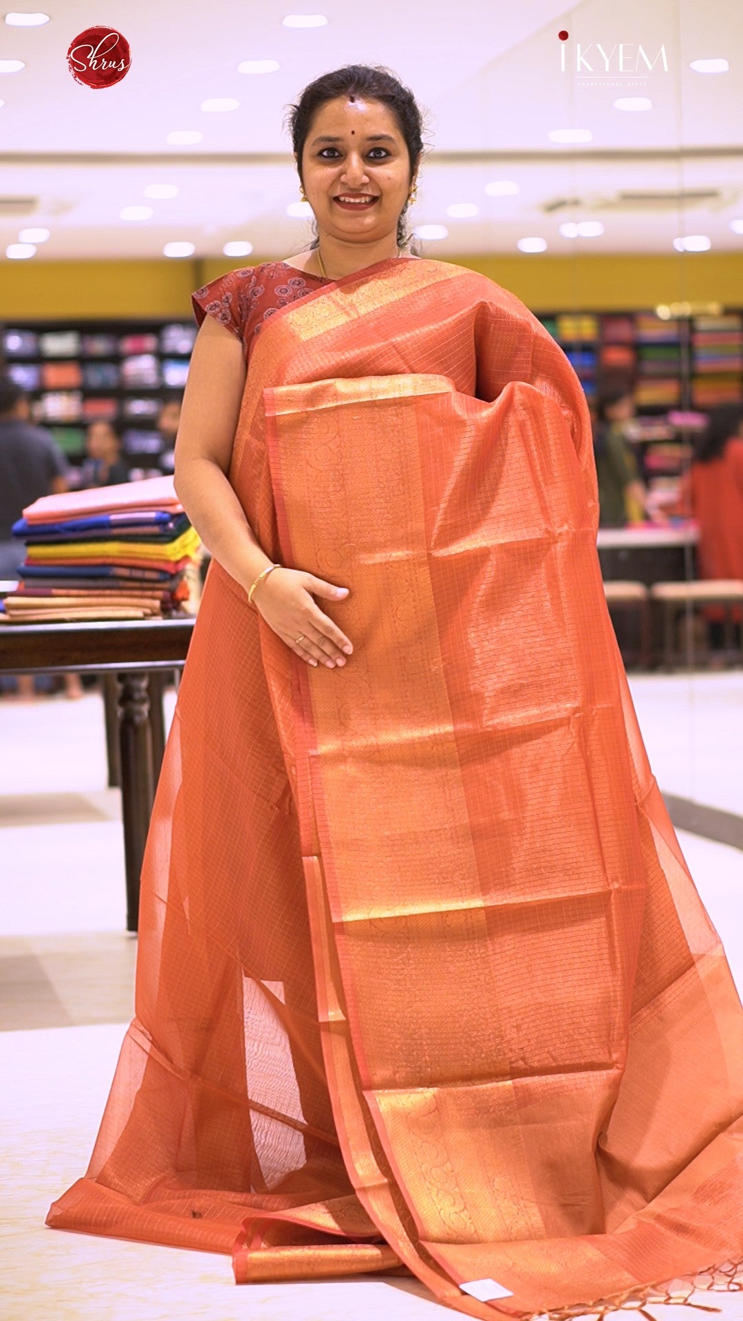 Peachish Orange(Single Tone)- Semi Tissue Saree - Shop on ShrusEternity.com