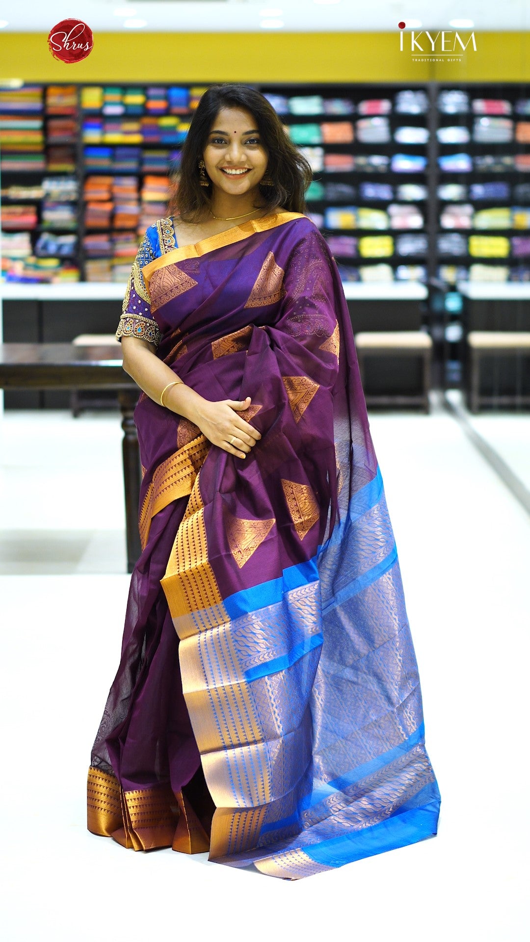 Purple & Blue - Semi Silk Cotton Saree - Shop on ShrusEternity.com