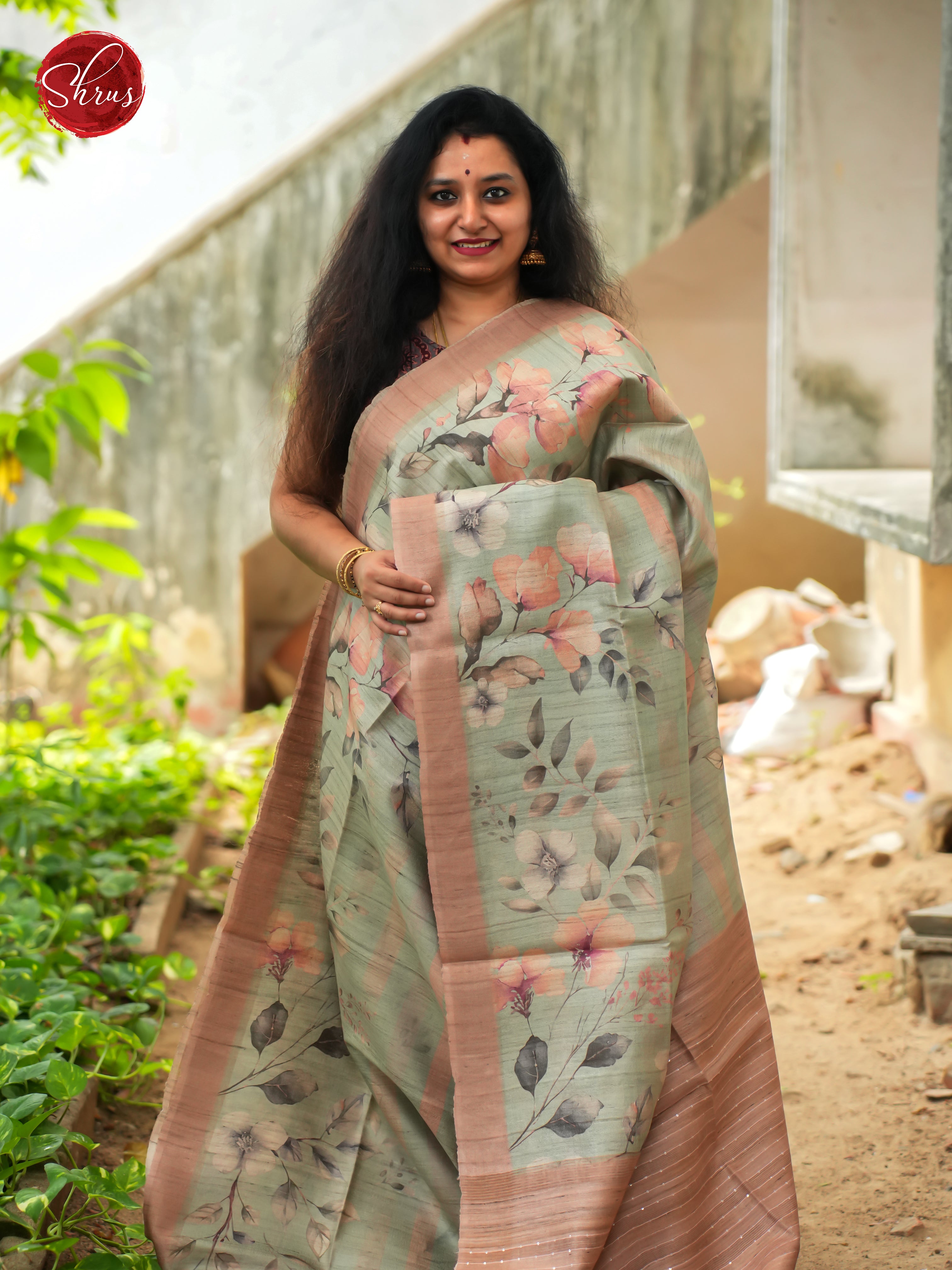 Green & Dusty Pink - Tussar Saree - Shop on ShrusEternity.com