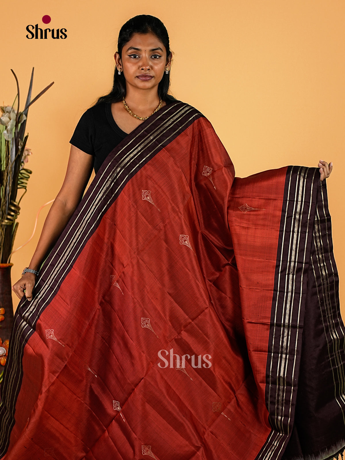 Charming Copper Soft Silk Sarees with Silver Floral Buttas, Dark Brown Zari Striped Border & Brocade Pallu 1