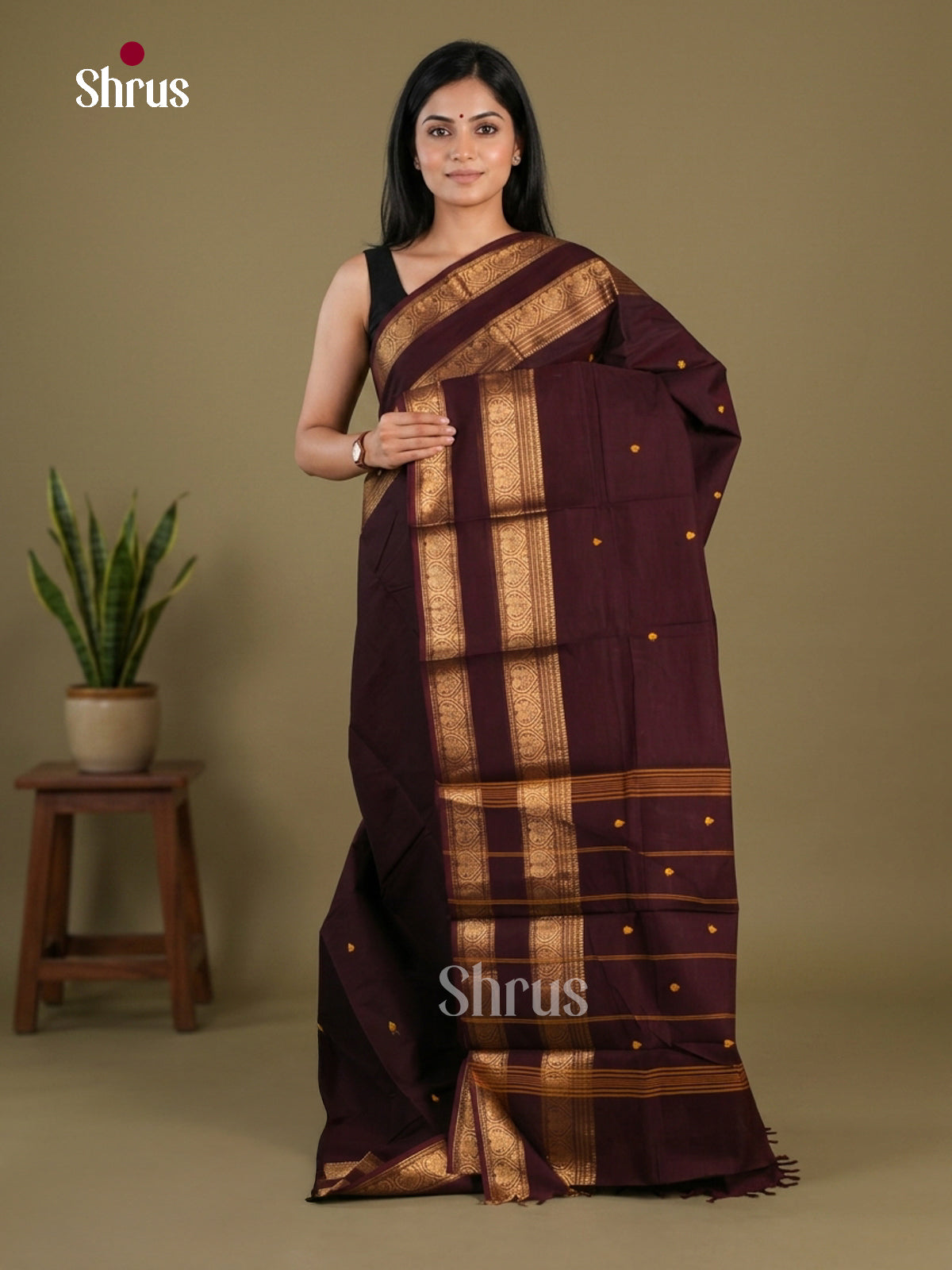 Charming Dark Maroon Chettinad Cotton Saree With Buttas, Rettapet Zari Border & Pallu
