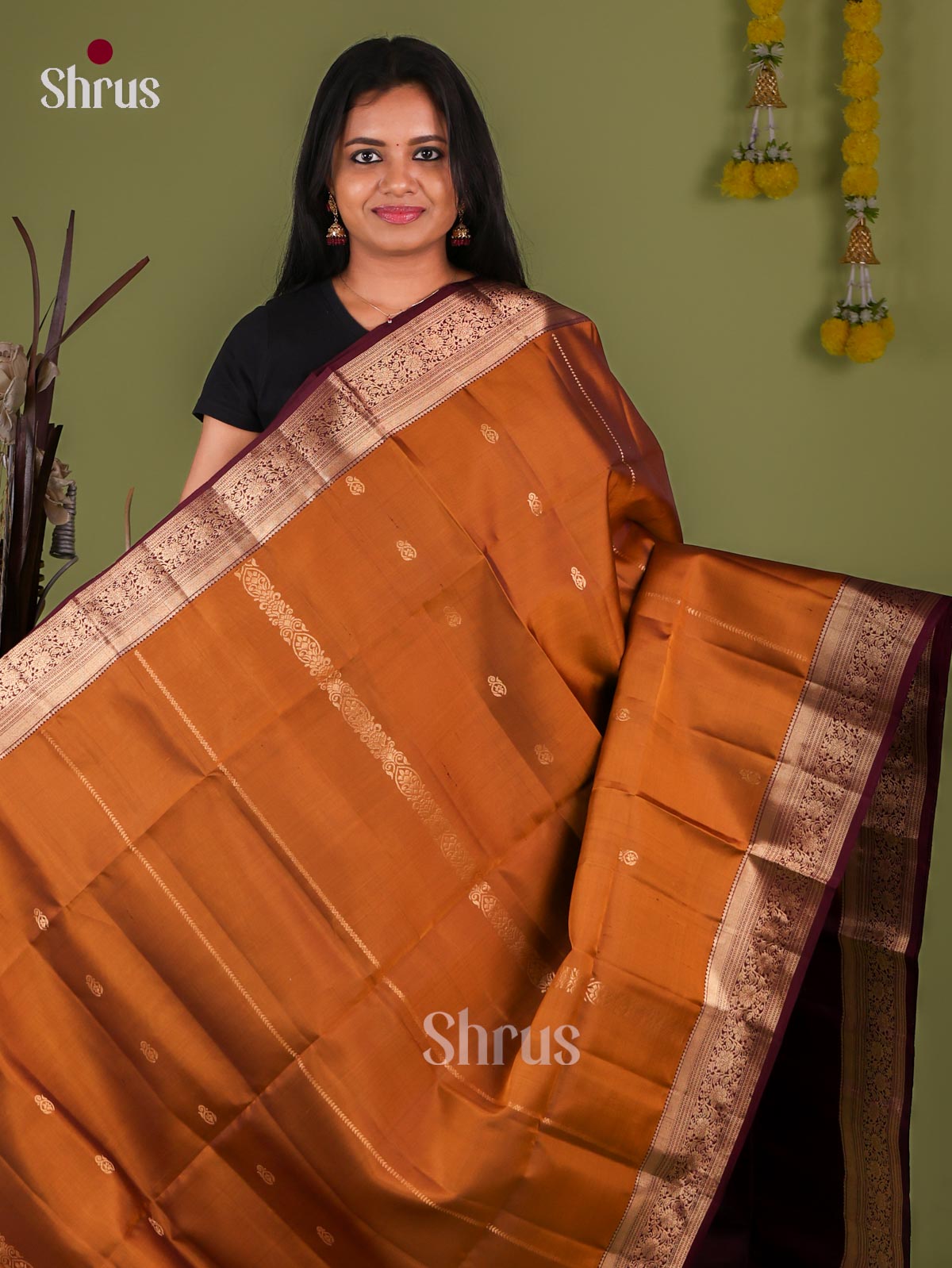 Charming Dark Mustard Soft Silk Sarees With Gold Buttas, Stripes, Plum Zari Woven Border & Brocade Pallu 1