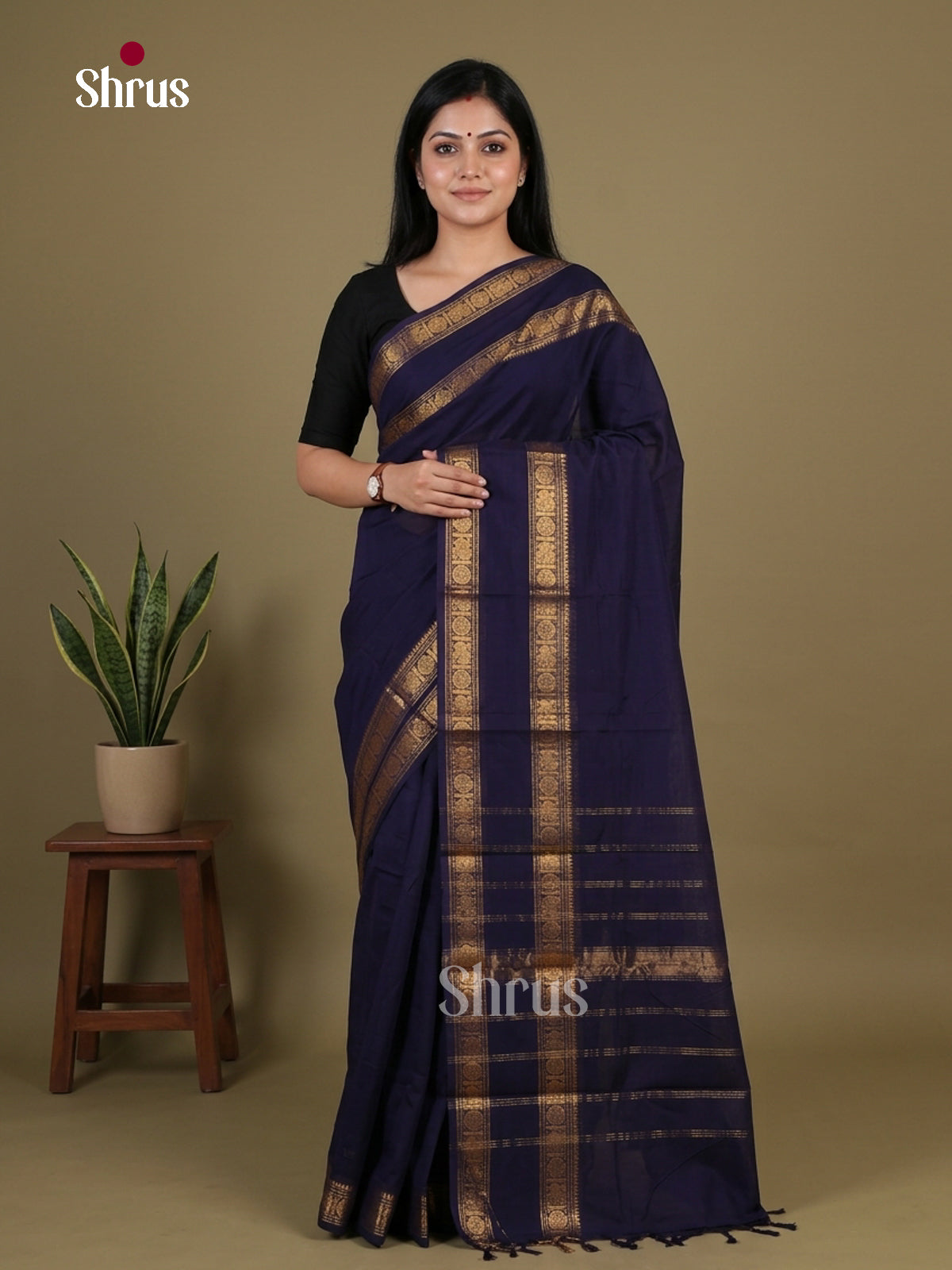 Charming Deep Navy Blue Chettinad Cotton Saree With Plain Body & Rettapet Zari Border