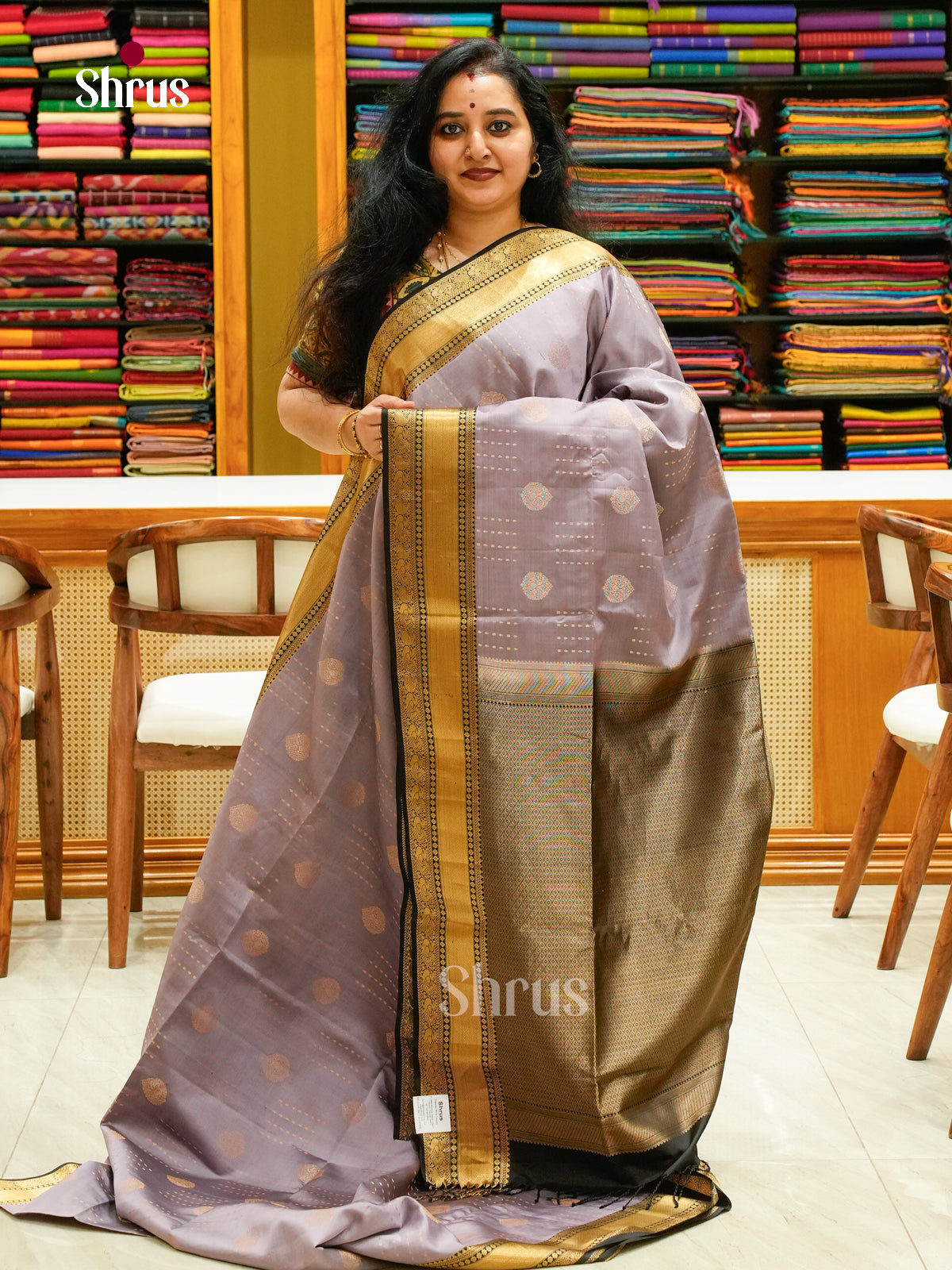 Charming Lavender Grey Soft Silk Saree with Zari Buttas | Black Contrast Border