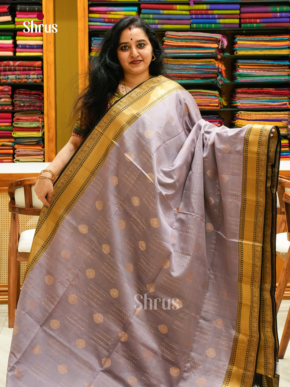 Charming Lavender Grey Soft Silk Sarees with Zari Buttas | Black Contrast Border