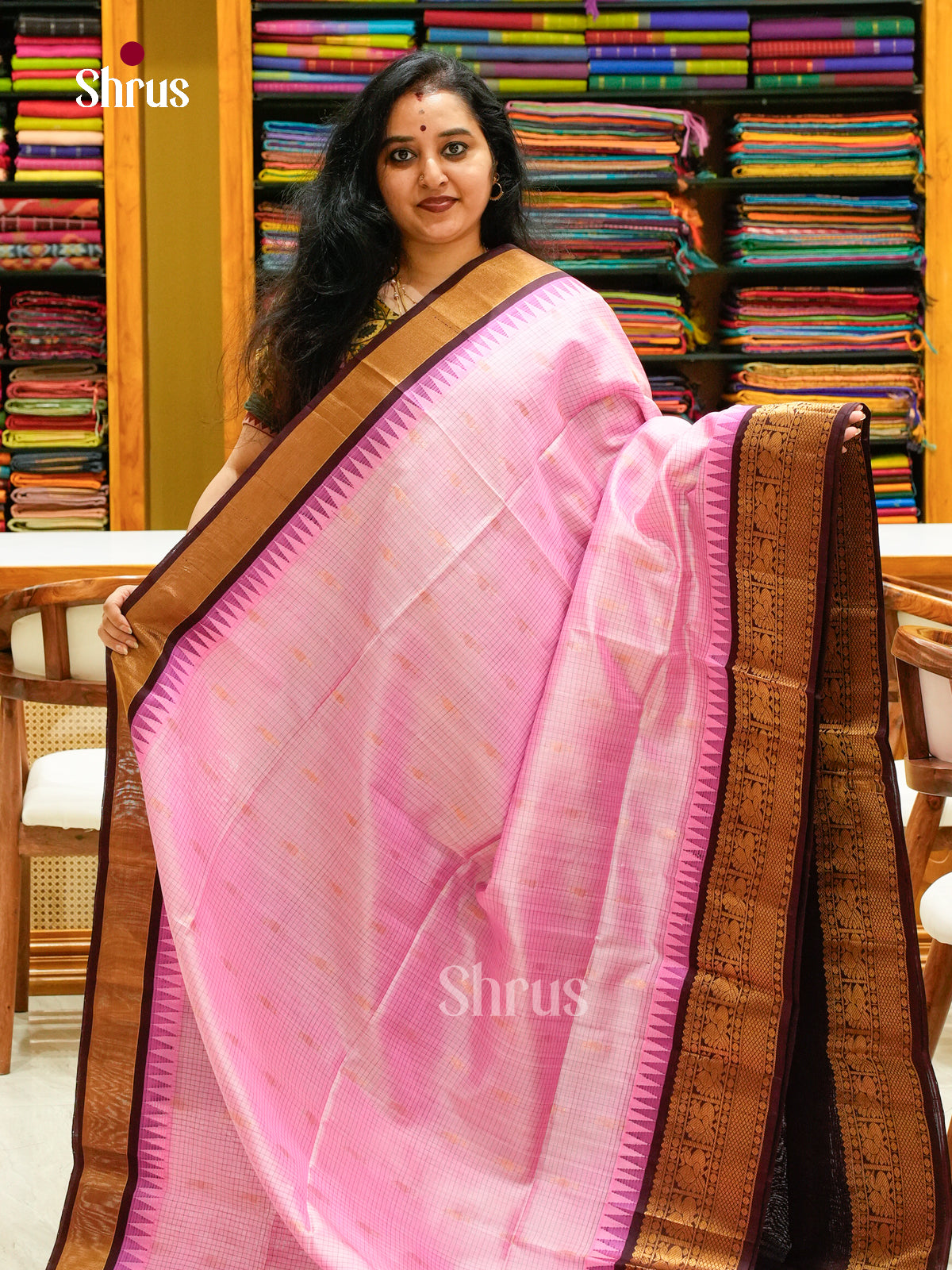 Charming Light Pink Soft Silk Sarees with Checks & Peacock Buttas | Wine Temple Zari Border