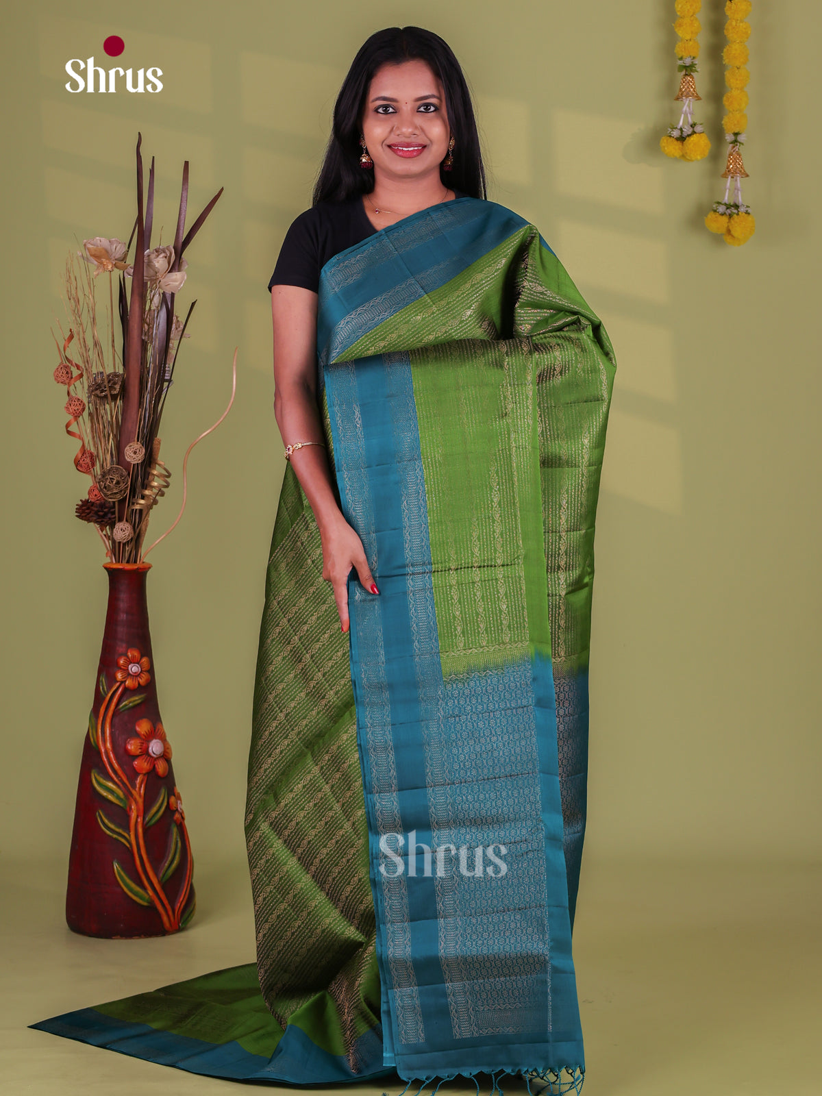 Charming Olive Green Soft Silk Sarees With Patterned Zari Stripes, Teal Rettapet Border & Brocade Pallu