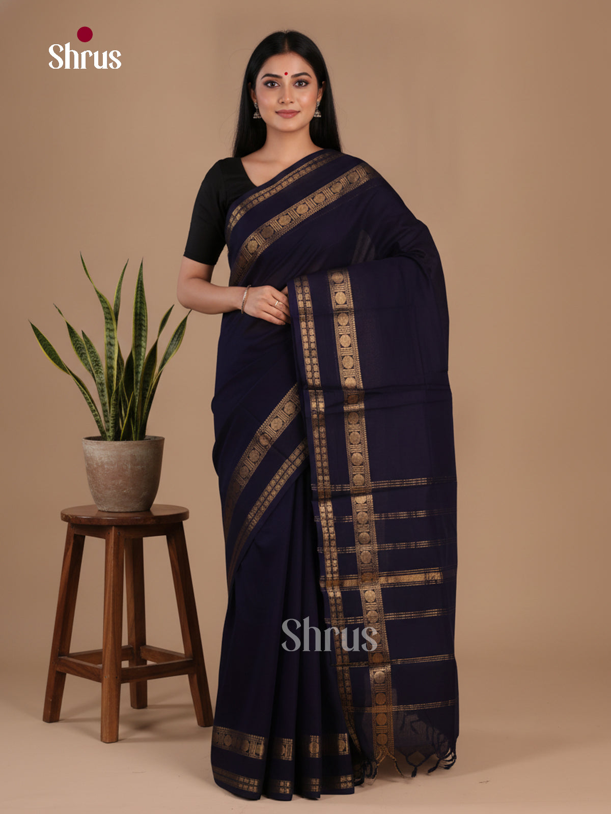 Chic Black Chettinad Cotton Saree With Plain Body, Rettapet Zari Border & Traditional Pallu