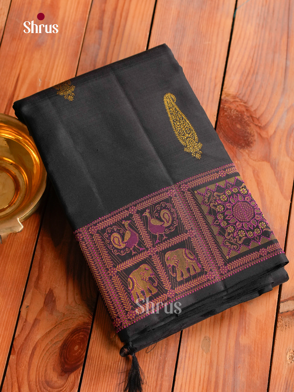 Chic Black Kanchipuram Saree With Gold Paisley Buttas & Self Border With Peacock & Mandala Blocks