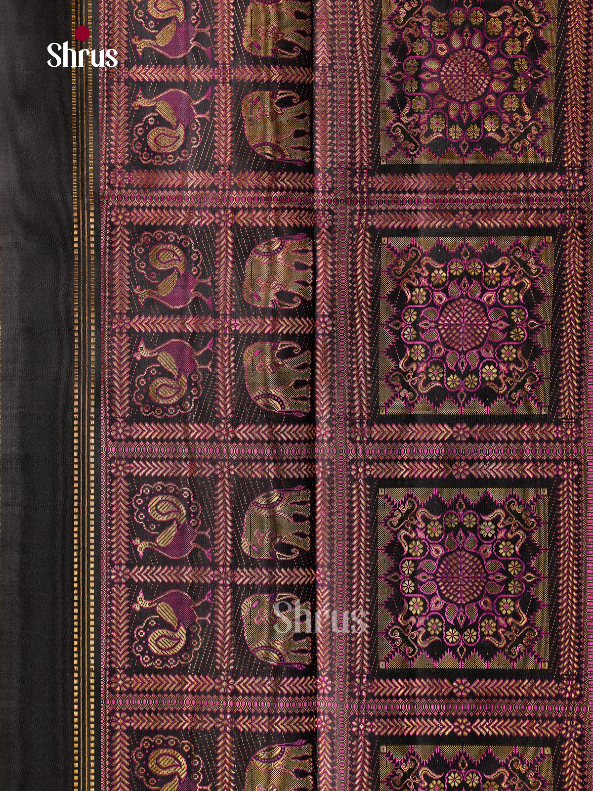 Chic Black Pattu Sarees With Gold Paisley Buttas & Self Border With Peacock & Mandala Blocks