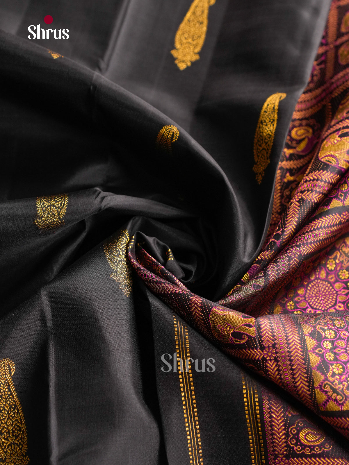 Chic Black Silk Saree With Gold Paisley Buttas & Self Border With Peacock & Mandala Blocks