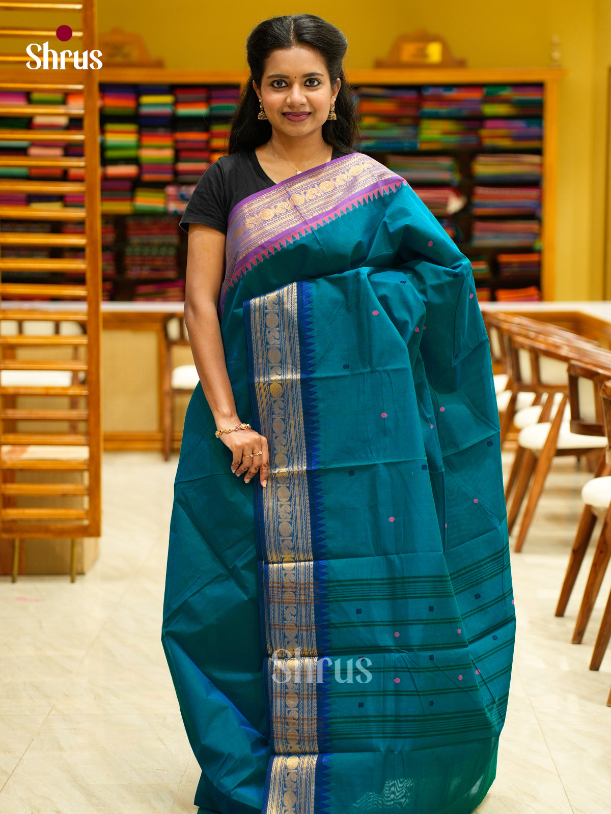 Teal Blue Chettinad Cotton Saree with Thread Buttas & Ganga Jamuna Temple Zari Border - Shop on Shrus.com