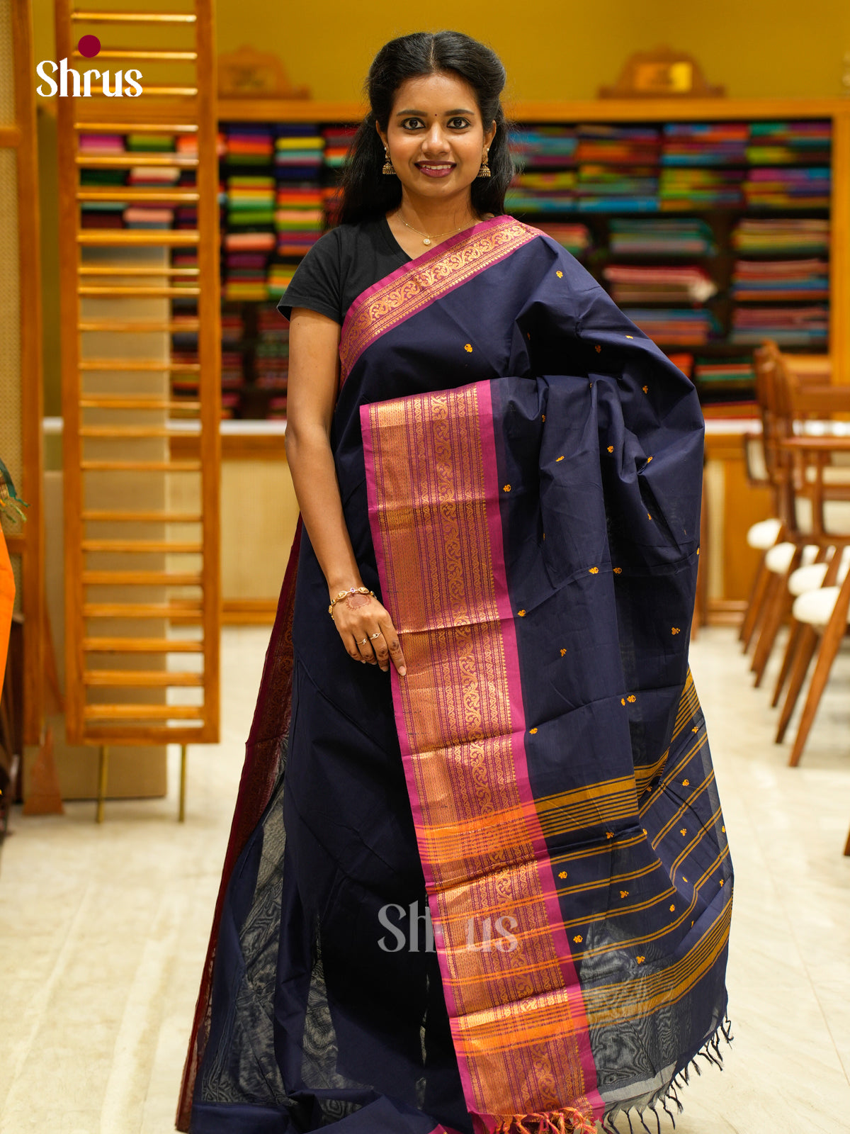 Chic Dark Blue Chettinad Cotton Saree With Thread Buttas & Pink Zari Border & Self Striped Pallu