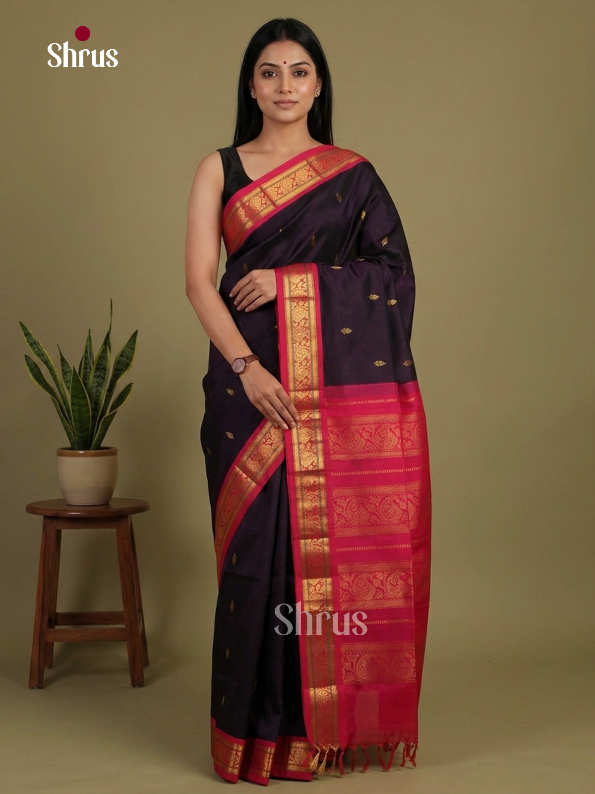 Chic Deep Plum Silk Cotton Saree with Gold Buttas, Pink Paisleys Vines Border & Zari Pallu