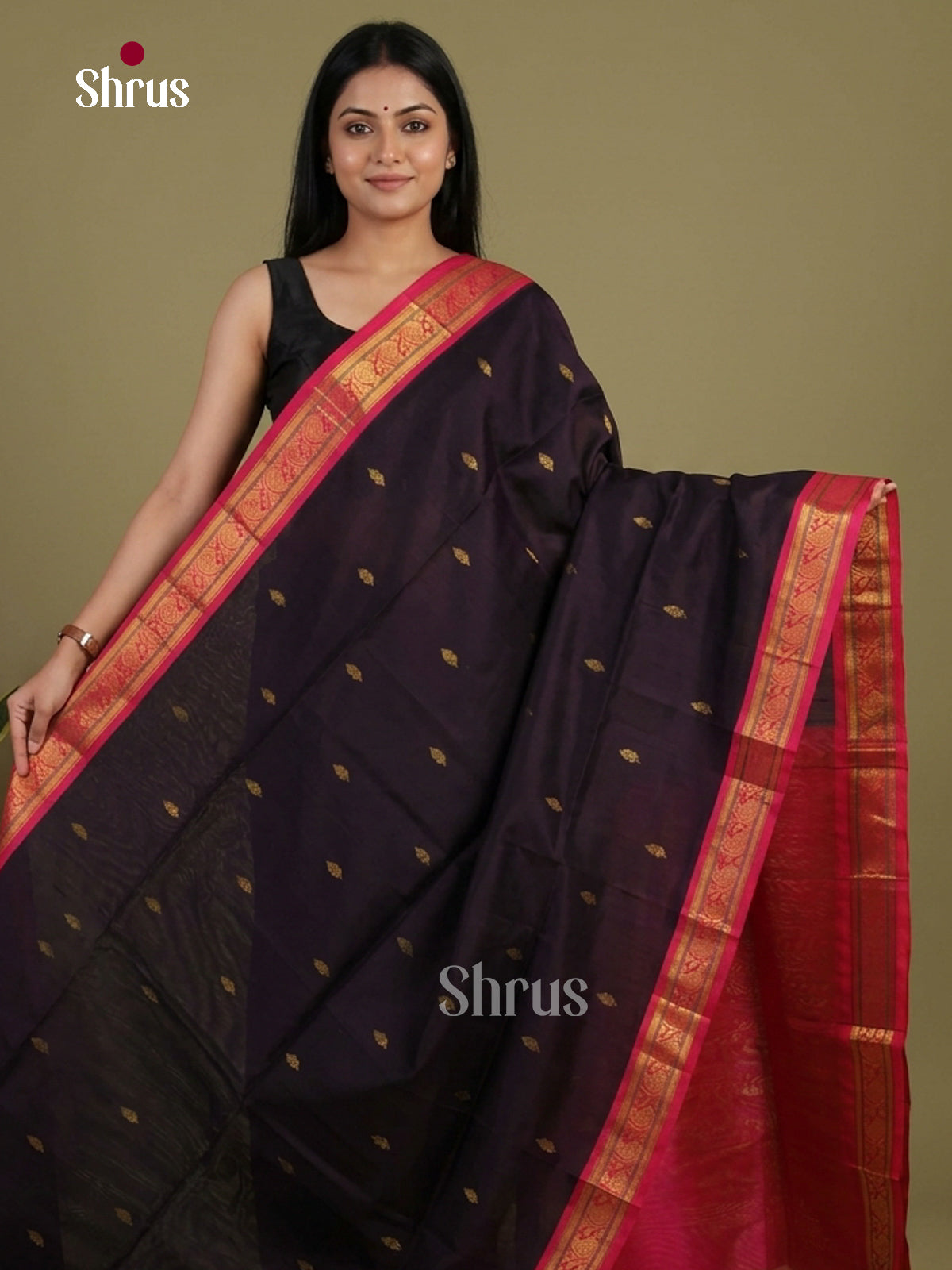 Chic Deep Plum Silk Cotton Saree with Gold Buttas, Pink Paisleys Vines Border & Zari Pallu 1