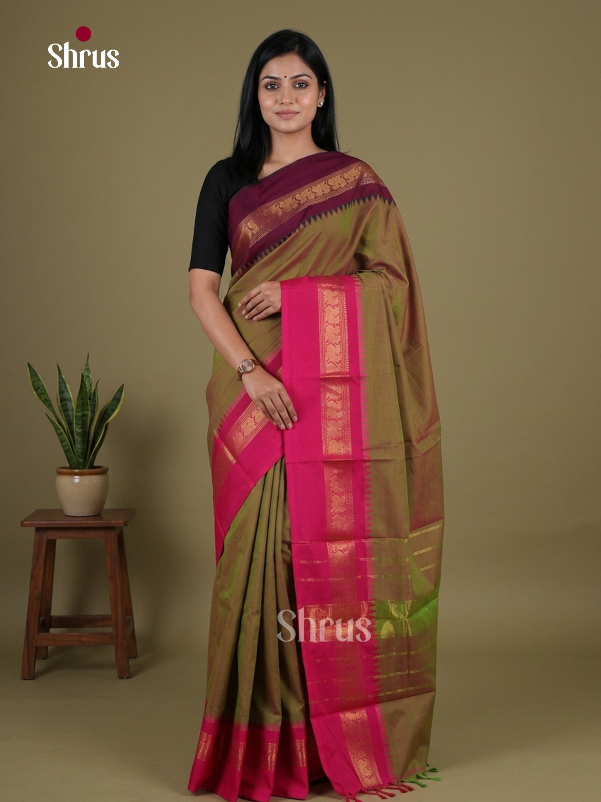 Chic Dual Tone Olive Green Chettinad Cotton Saree With Ganga Jamuna Temple Zari Border