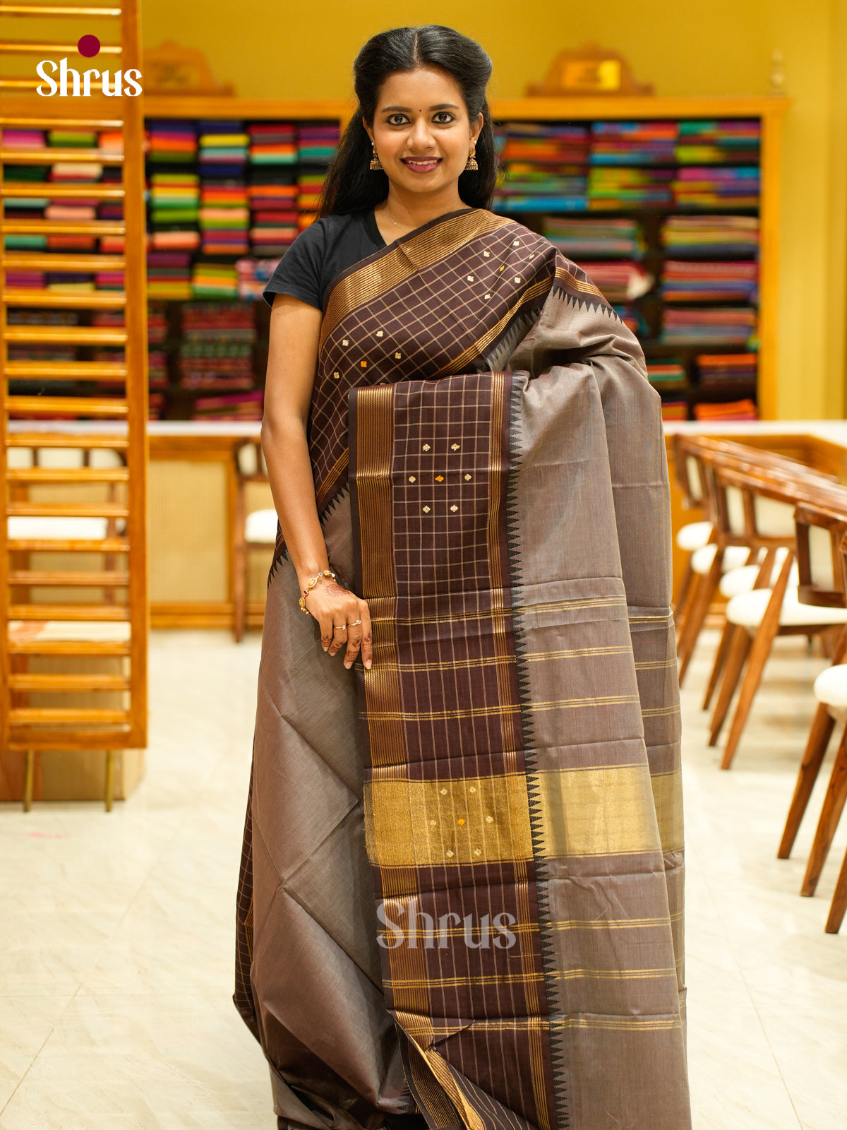 Chic Grey Chettinad Cotton Saree With Dark Brown Rettapet Zari Border With Checks & Buttas