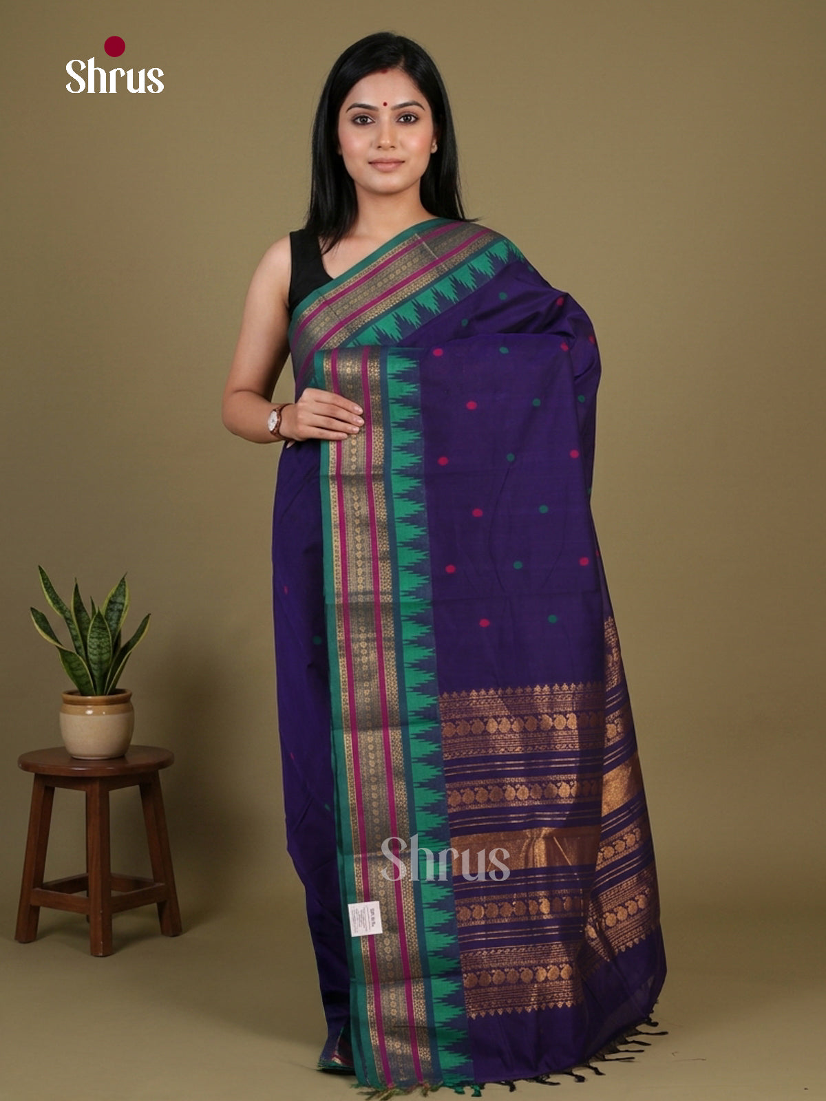 Chic Indigo Chettinad Cotton Saree With Thread Buttas & Sea Green Temple Zari Border
